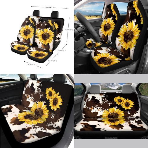 Yuyamidu Sunflower Car Seat Covers Brown Cow Print Steering Wheel Cover Seat Belt Strap Pad Handbrake Cover Gear Shift Knob Cover Rubbish Bin Armrest Pad Rearview Mirror Cover Coasters, Set of 14