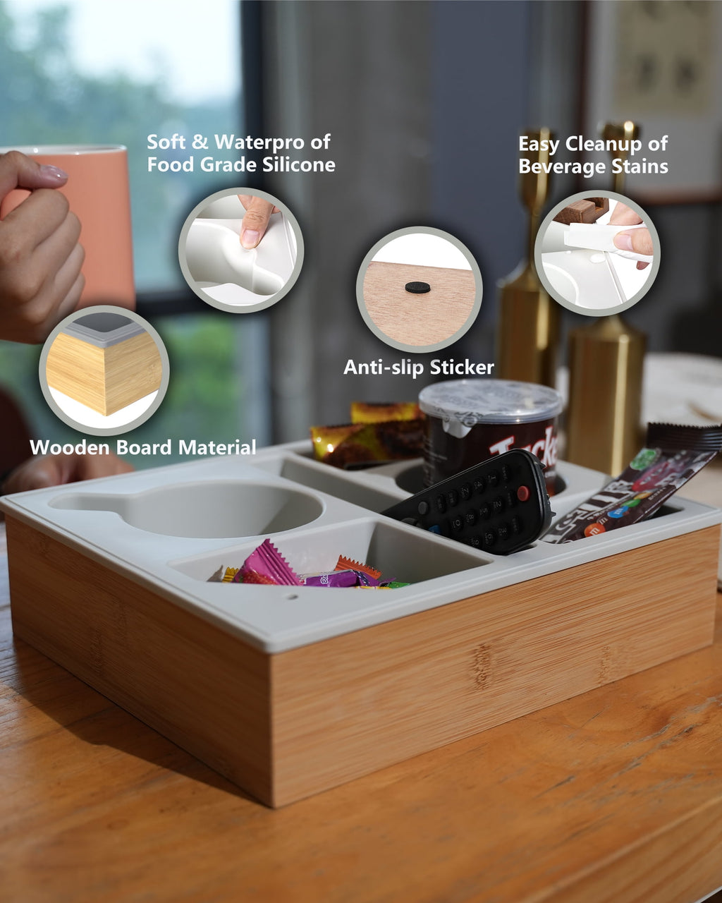 Couch Cup Holder Tray, Hitseon Silicone Bamboo Couch Caddy with Rotatable Phone Holder for Bed Car Seat Organizer, Waterproof Anti-Spill Couch Drink Holder for Snacks Beverage Remote (Black)