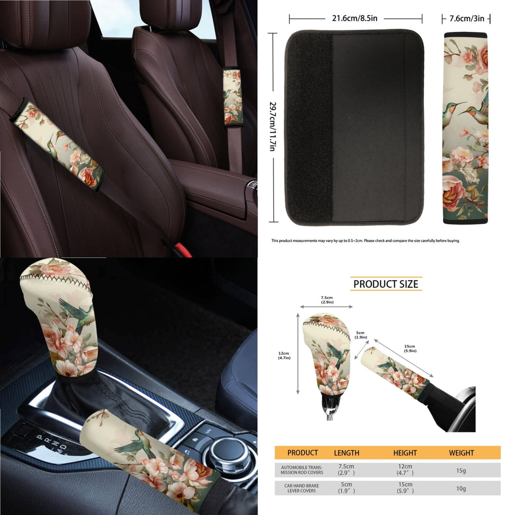 Jeiento Hummingbird 14 PCS Car Seat Cover Full Set Steering Wheel Cover Seat Belt Cover Trash Can Rear View Mirror Cover Flowers Coaster Center Console Cover Gear Shift Knob Cover Set Universal Fit