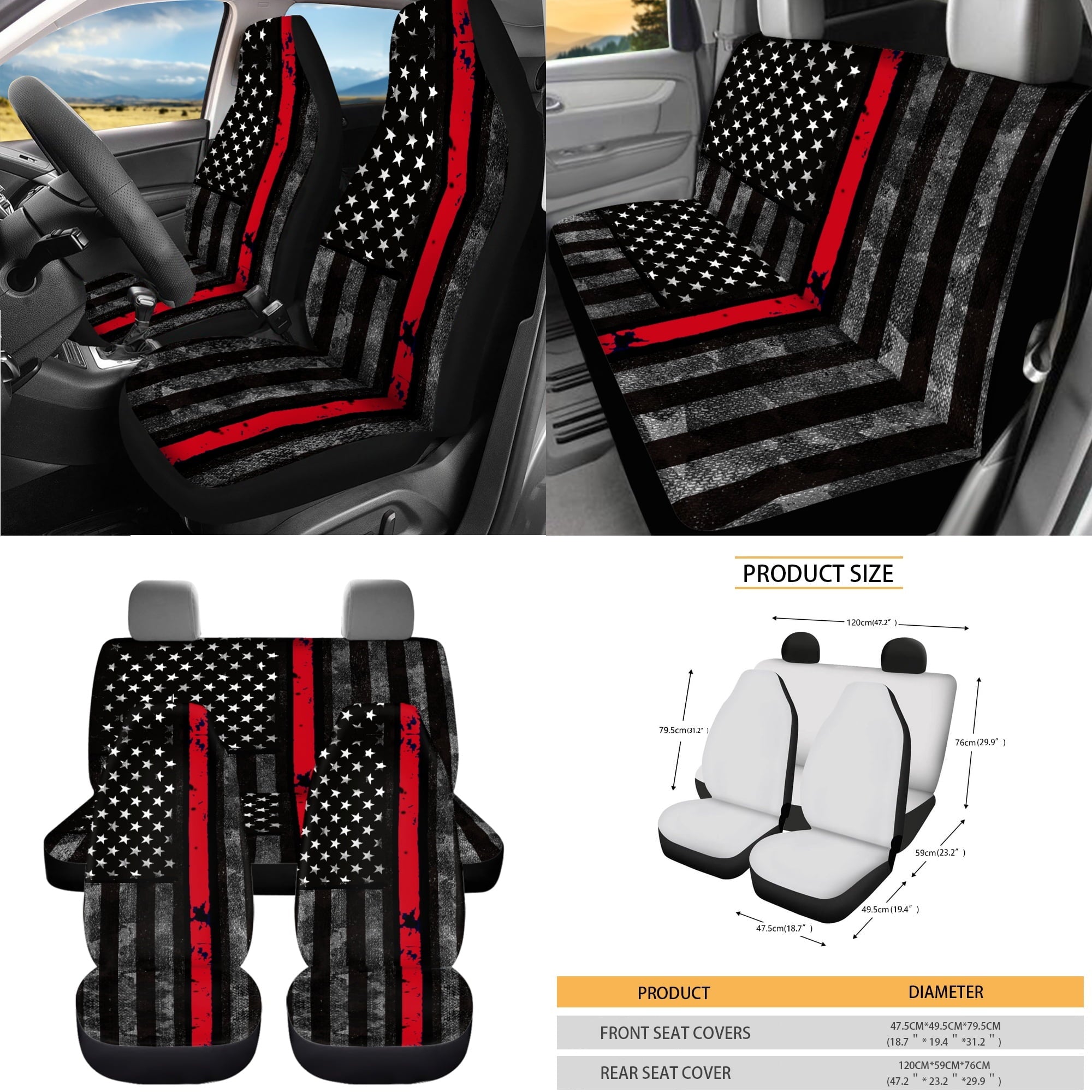 Jeiento American Honoring Firefighter Flags Car Seat Cover with Steering Wheel Seatbelt Pad Trash Bin Air Vent Storage Holder Rear View Mirror Cover Cup Holders Keychain for Car Decor