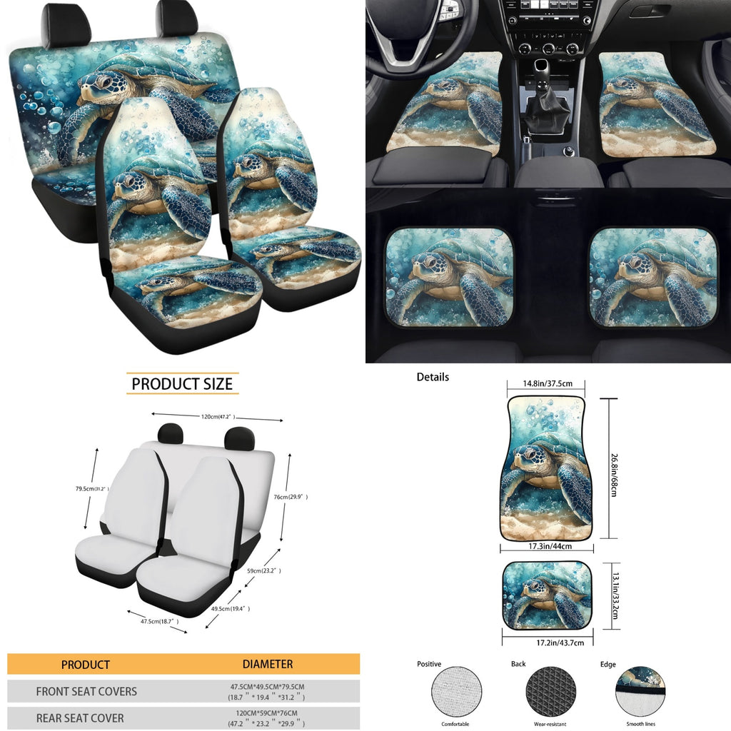 Yuyamidu Sea Turtle Car Seat Covers Full Set with Carpet Mats Blue Steering Wheel Cover Safe Belt Pads Handbrake Cover Set Coasters Fit for SUV Van, 15 Pack