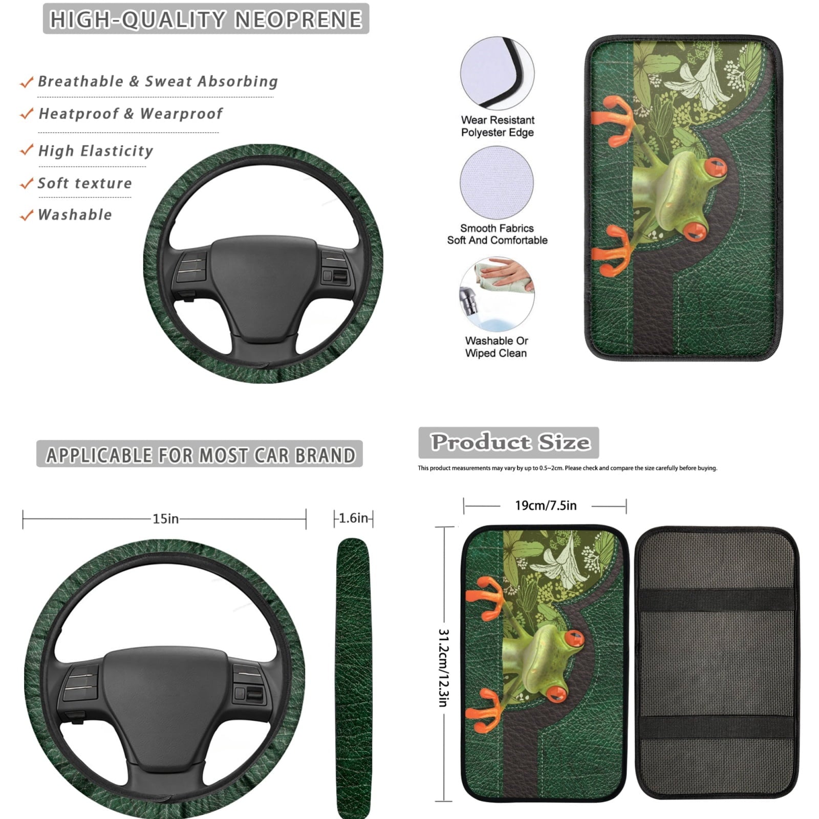 Jeiento Funny Frog Car Accessories Sets with Car Seat Cover Protector Car Floor Mats Auto Steering Wheel Cover Car Armrest Cover Seat Belt Pads Cup Coasters Keychains Lipstick Holder 17 Pack