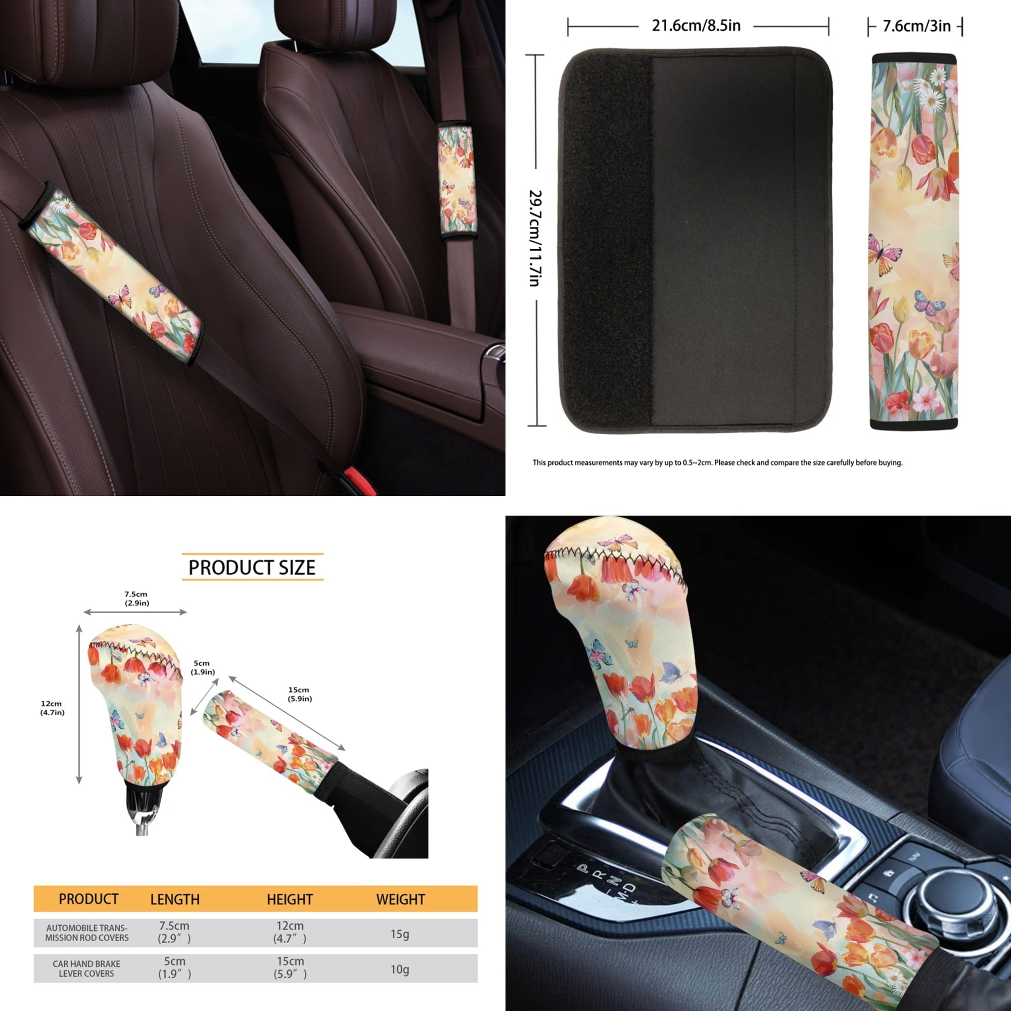 Yuyamidu Tulip Car Seat Covers Set with Steering Wheel Cover Seat Belt Covers Trash Bin Rear View Mirror Cover Butterfly Car Armrest Cover Cushion Coasters Gear Shift Knob Cover for Women, 14 PCS