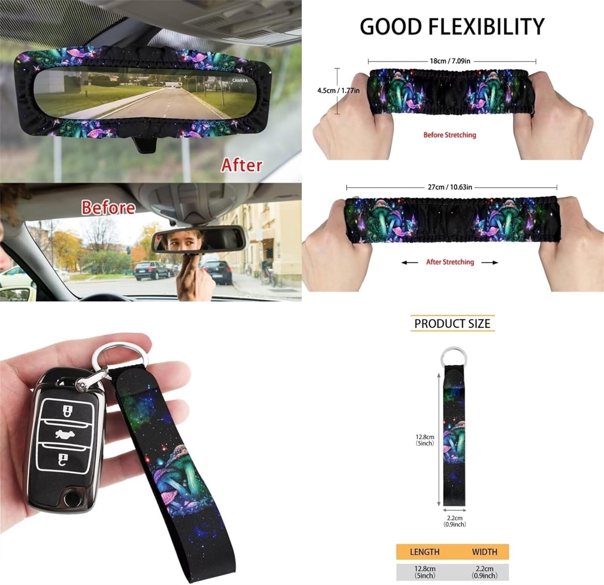 Jeiento Galaxy Mushroom 12 PCS Car Seat Covers for Front Seats with Steering Wheel Cover Seat Belt Covers Armrest Pad Trash Bin Sunglass Pocket Rear View Mirror Cover Coasters Keychain