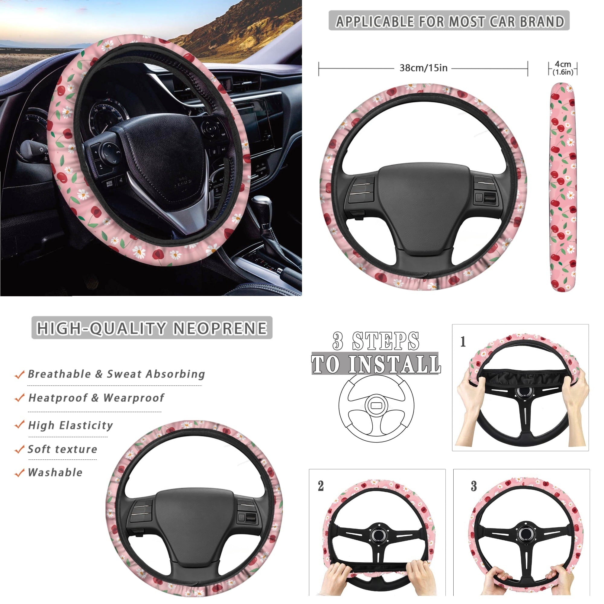 Yuyamidu 14 PCS Cherry Car Seat Covers Set with Steering Wheel Cover Daisy Seat Belt Covers Trash Bin Rear View Mirror Cover Pink Car Armrest Cover Cushion Coasters Gear Shift Knob Cover