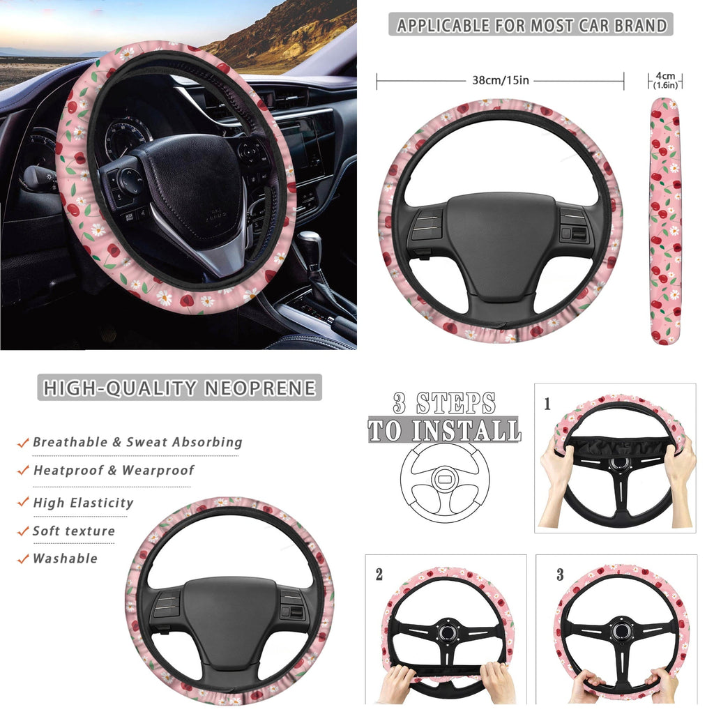 Yuyamidu 14 PCS Cherry Car Seat Covers Set with Steering Wheel Cover Daisy Seat Belt Covers Trash Bin Rear View Mirror Cover Pink Car Armrest Cover Cushion Coasters Gear Shift Knob Cover