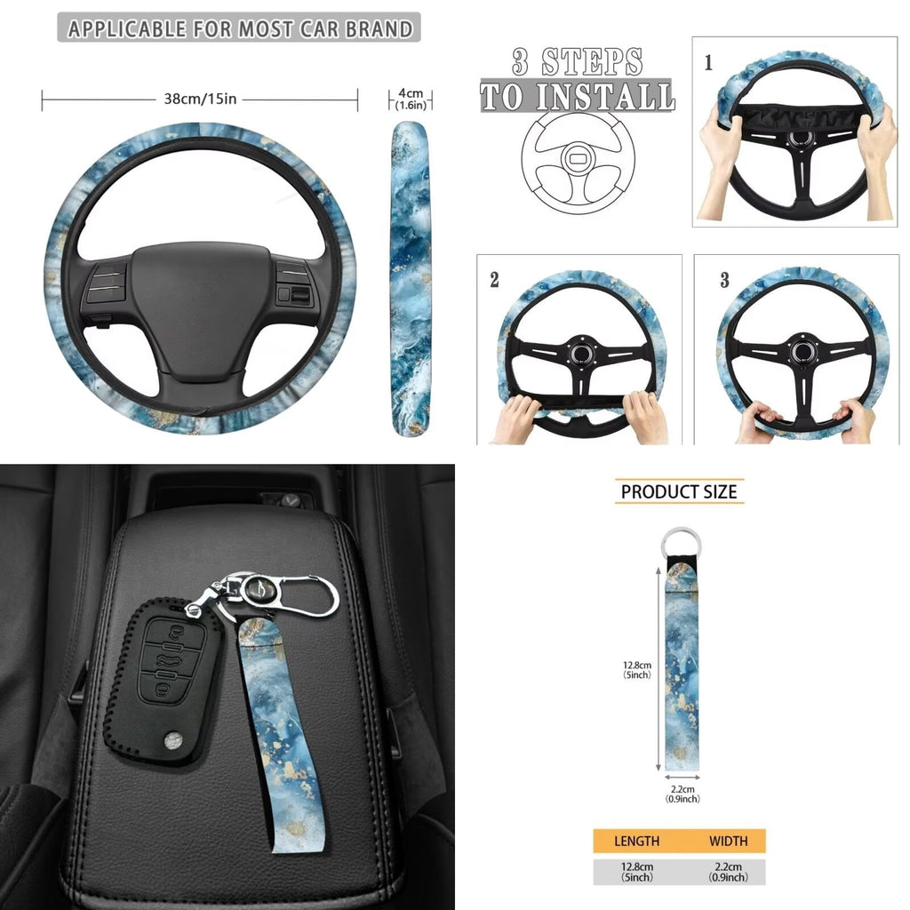 KUIFORTI Blue Tie Dye 15 PCS Car Seat Cover Set Seat Covers Steering Wheel Cover Seat belt Cover Pad Cup Coasters Car Trash Can Car Storage Box Rear View Mirror Cover Keychain