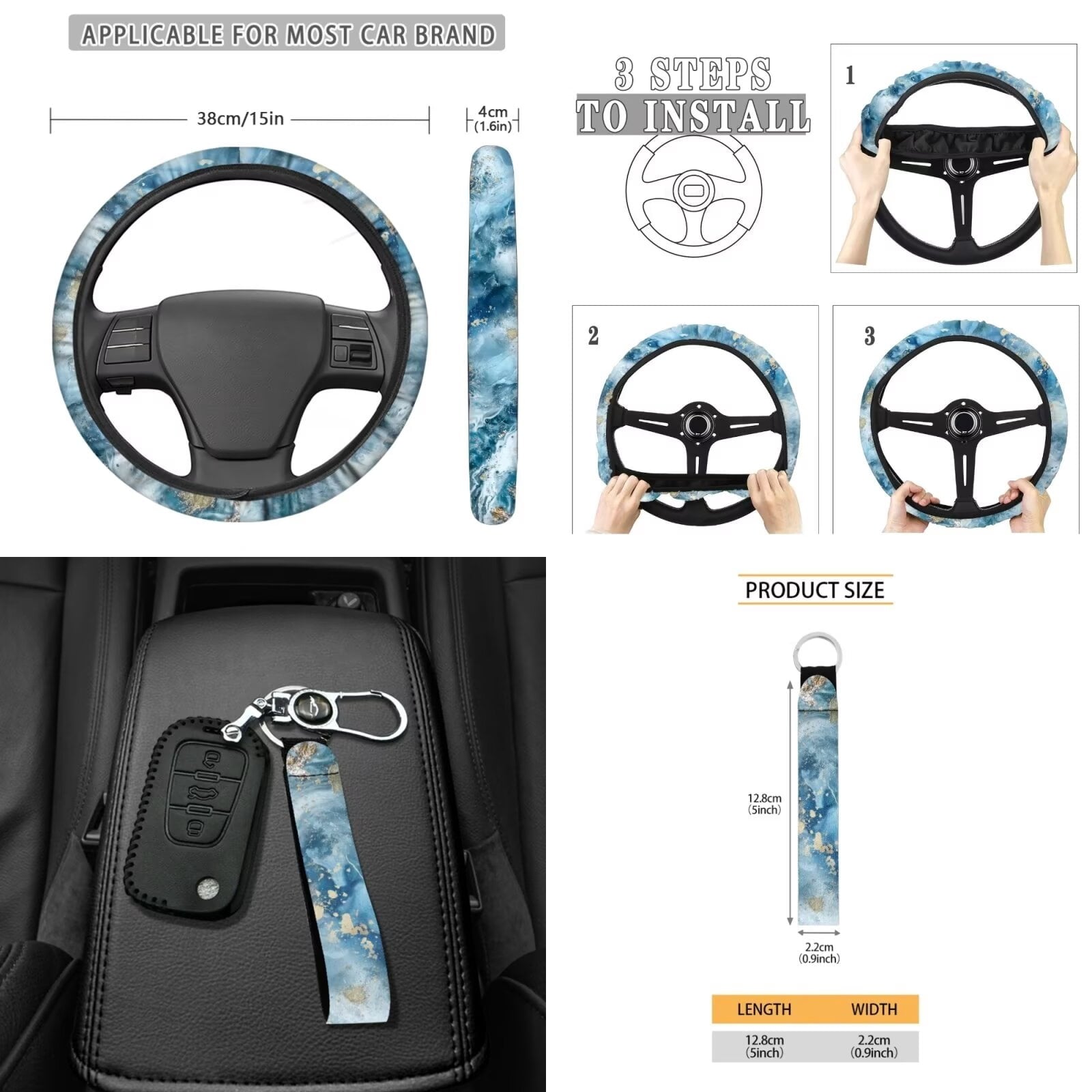 KUIFORTI Blue Tie Dye 15 PCS Car Seat Cover Set Seat Covers Steering Wheel Cover Seat belt Cover Pad Cup Coasters Car Trash Can Car Storage Box Rear View Mirror Cover Keychain