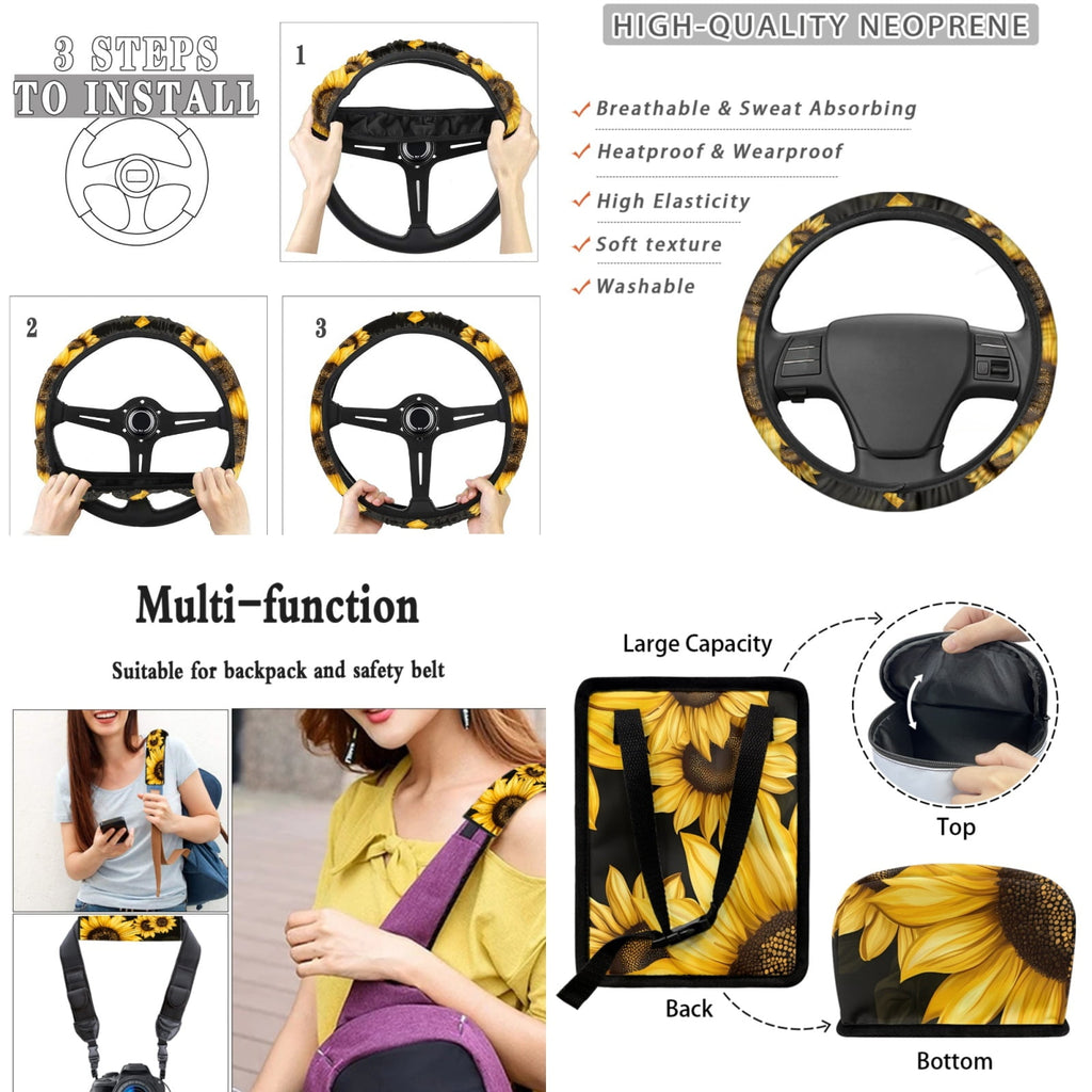 Jeiento Sunflower Car Seat Covers Set of 15 Steering Wheel Cover Seatbelt Cushion Pad Trash Bin Car Vent Organizer Pouch Rearview Mirror Cover Cup Holder Wristlet Keychain for SUV Van Sedan