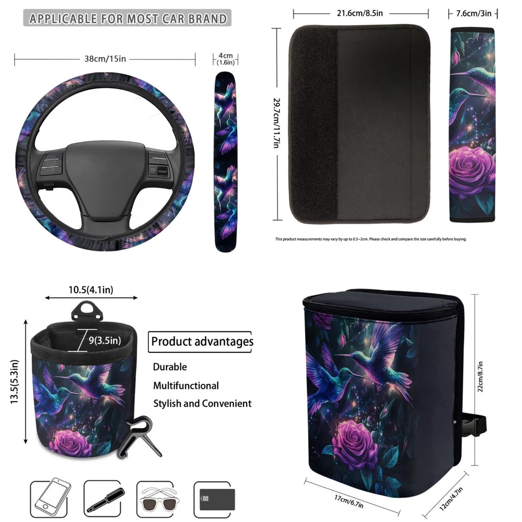 Jeiento Hummingbird Car Seat Cover Split Covers for Women, Steering Wheel Cover Seat Belt Strap Pad Trash Bag Mount Phone Holder Cup Holder Purple Rose Key Chain, 12 PCS