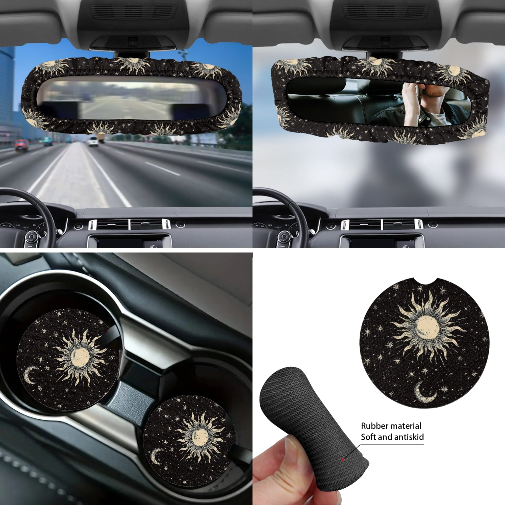 Yuyamidu Sun and Moon Car Seat Cover Full Set of 14 Steering Wheel Cover Auto Seatbelt Pads Cup Coaster Trash Can Rear View Mirror Cover Coasters Armrest Cover Gear Shift Knob Cover Set