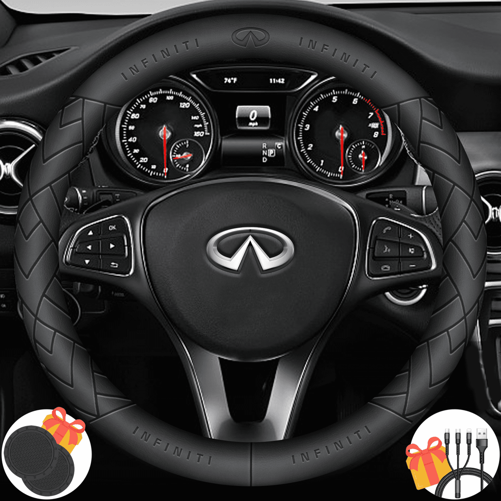 3D Embossed Custom Fit Steering Wheel Cover For Infiniti, Non-Slip Nappa Leather Wrap for Enhanced Grip & Comfort, Includes 2 Car Coasters & Fast Charging USB Cable Black