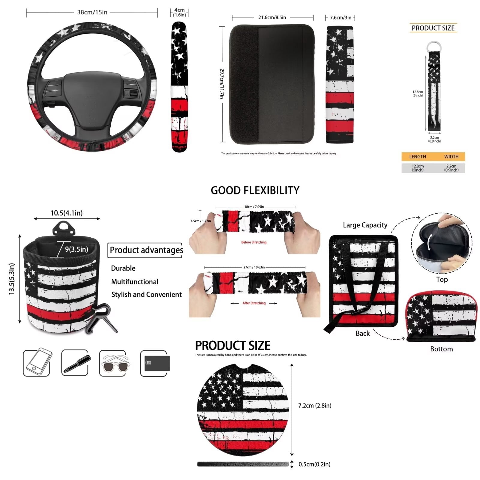 KUIFORTI American Flag Car Seat Covers,Breathable Automotive Seat Covers for Cars SUV Pick-up Truck Sedan,Universal Fit Anti-Slip Steering Wheel and Seat Belt Cover Set