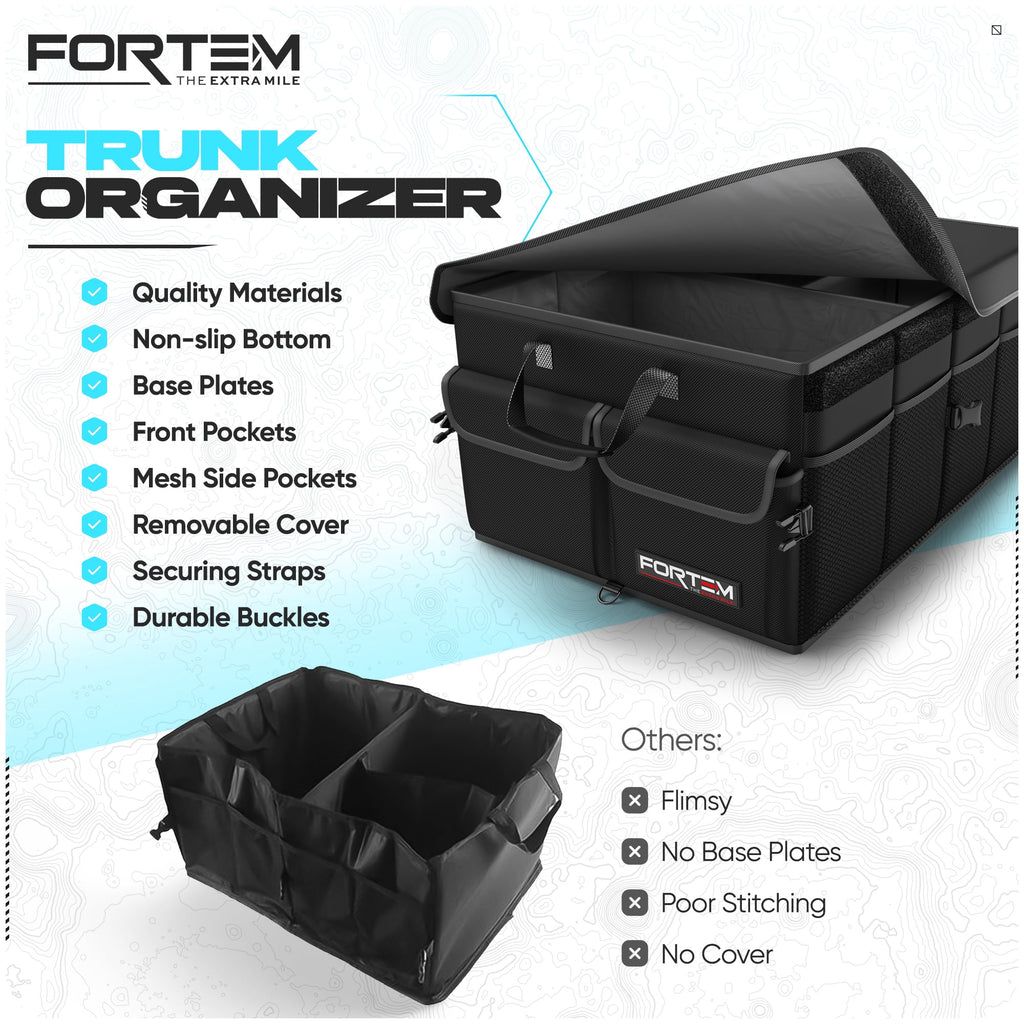 FORTEM Car Trunk Organizer, Collapsible Multi Compartment SUV Organizer, Foldable Storage for Car Accessories for Women Men, 600D Oxford, Non Slip Bottom, Securing Straps, Soft Cover (65L)