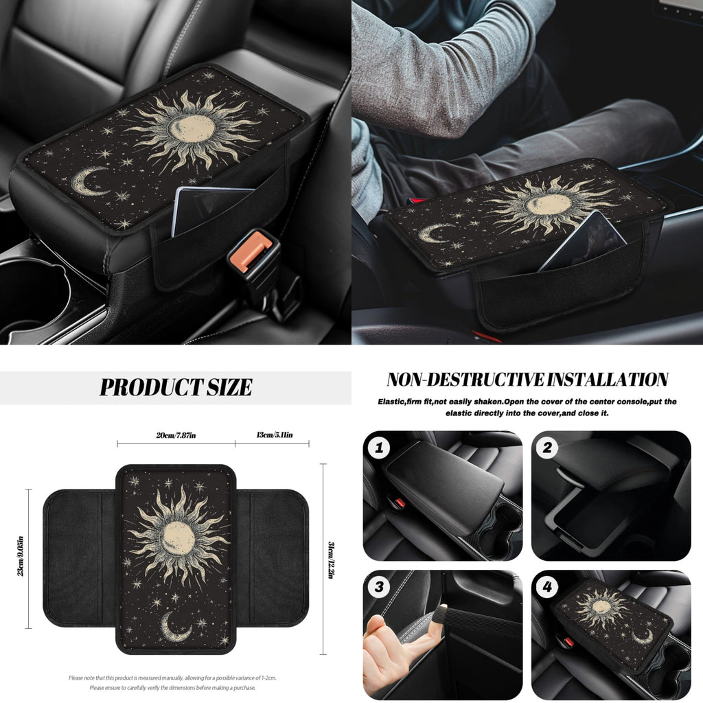 Yuyamidu Sun and Moon Car Seat Cover Full Set of 14 Steering Wheel Cover Auto Seatbelt Pads Cup Coaster Trash Can Rear View Mirror Cover Coasters Armrest Cover Gear Shift Knob Cover Set