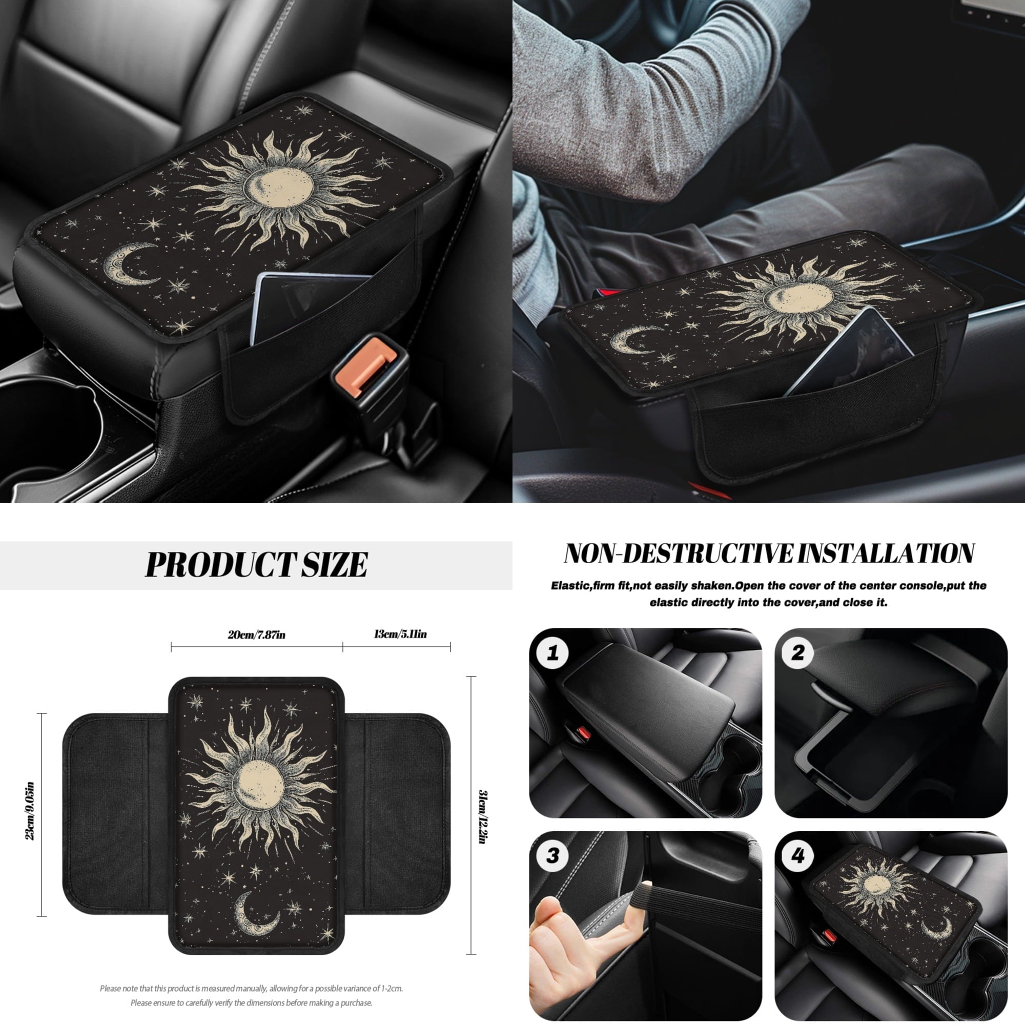 Yuyamidu Sun and Moon Car Seat Cover Full Set of 14 Steering Wheel Cover Auto Seatbelt Pads Cup Coaster Trash Can Rear View Mirror Cover Coasters Armrest Cover Gear Shift Knob Cover Set
