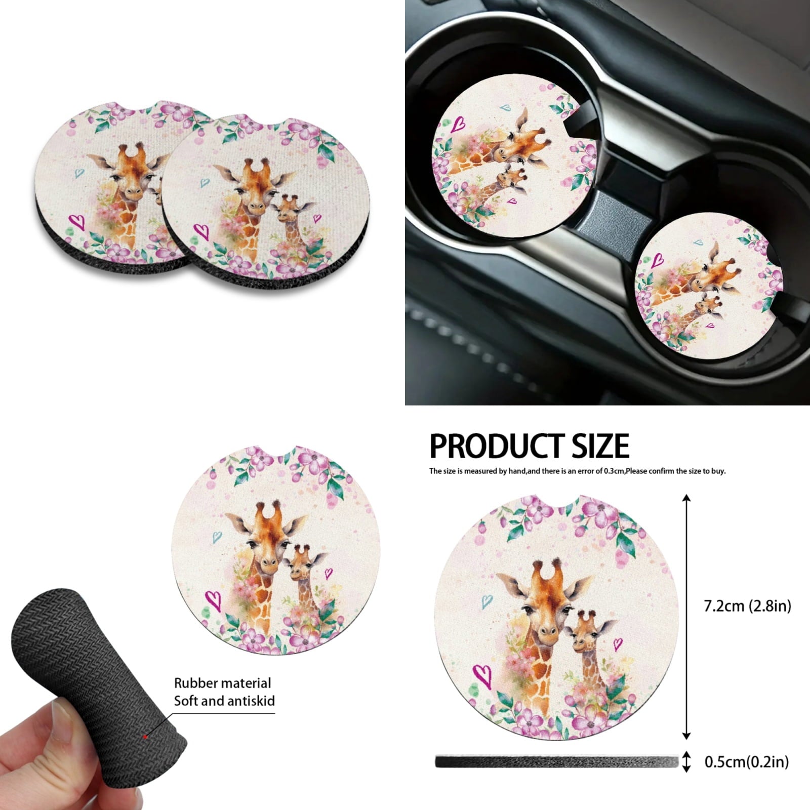 FORUDESIGNS Giraffe Flower Print Car Seat Covers Full Sets of 10 Washable Front Rear Seat Covers, Vehicle Trash Bin, Steering Wheel Cover, Air Vent Storage, Cup Coasters, Keychain for Auto Interior