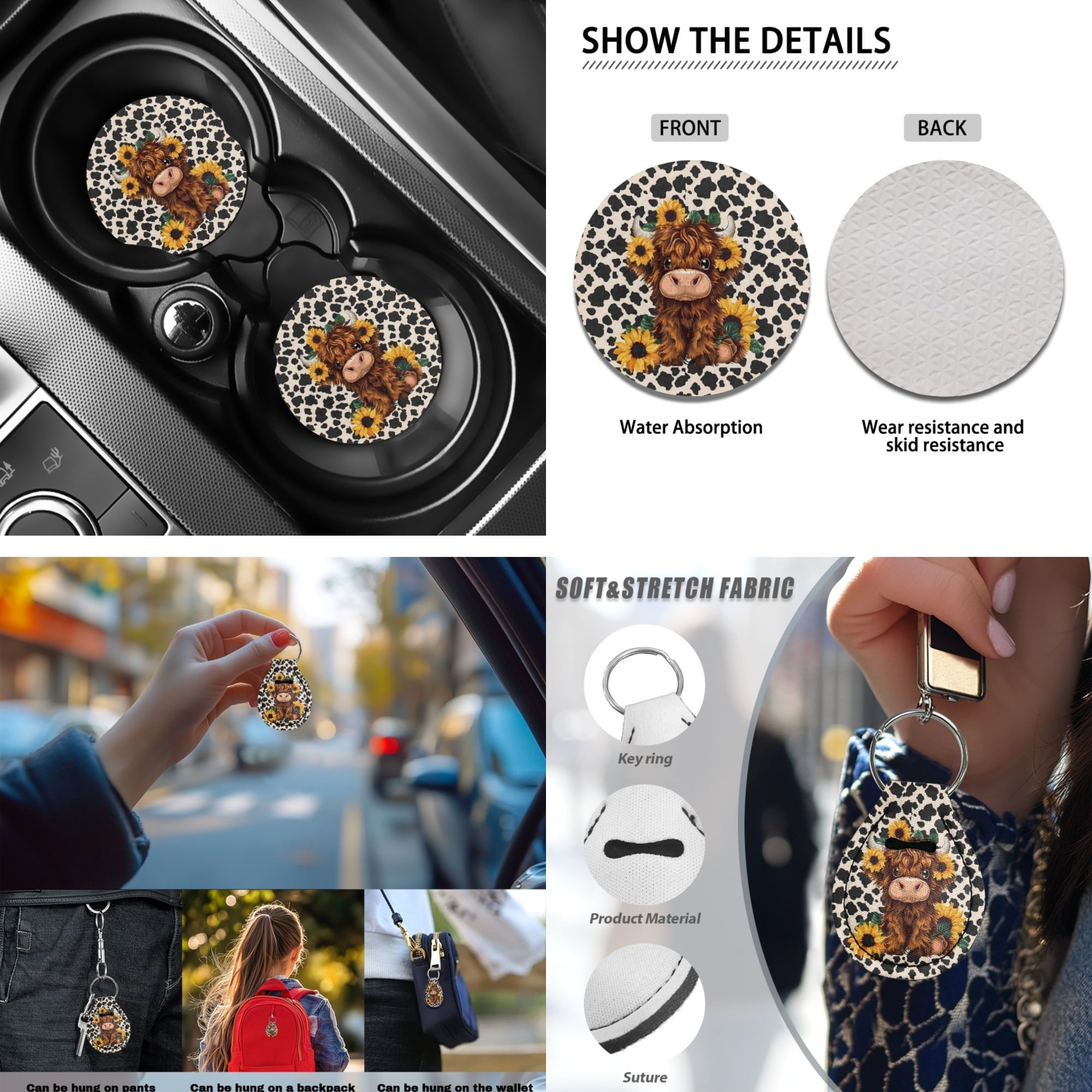 Jeiento Highland Cow Car Accessories 13pcs Car Seat Covers and Steering Wheel Cover Sunflower Seat Belt Pad Cover Auto Armrest Cover Cushion Keychain Cup Holders