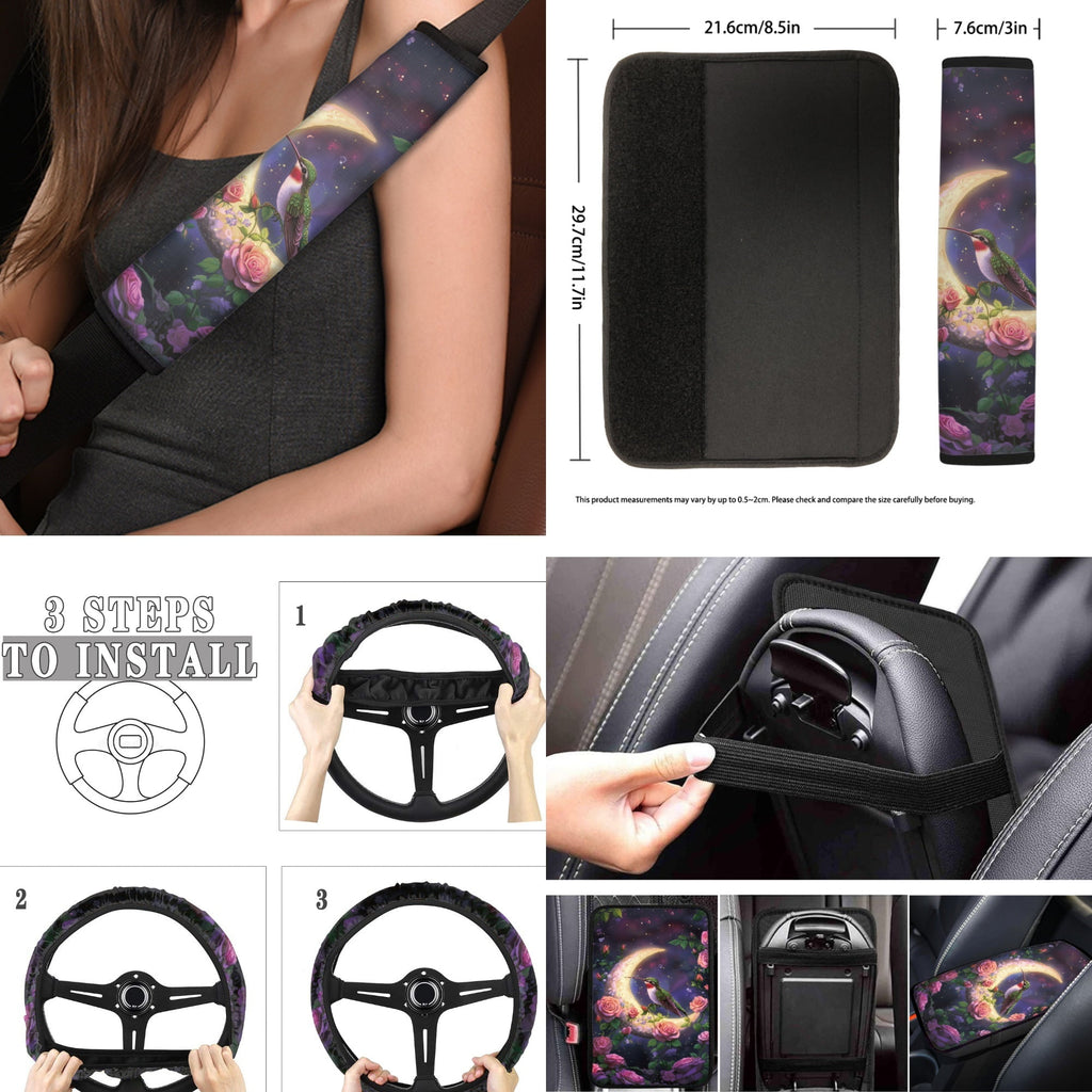 Jeiento Hummingbird 17 Piece Car Seat Cover Full Sets Car Accessories Set Car Front and Back Floor Mats Steering Wheel Covers Moon Armrest Cover Car Seat Belt Covers Coaster Keychain