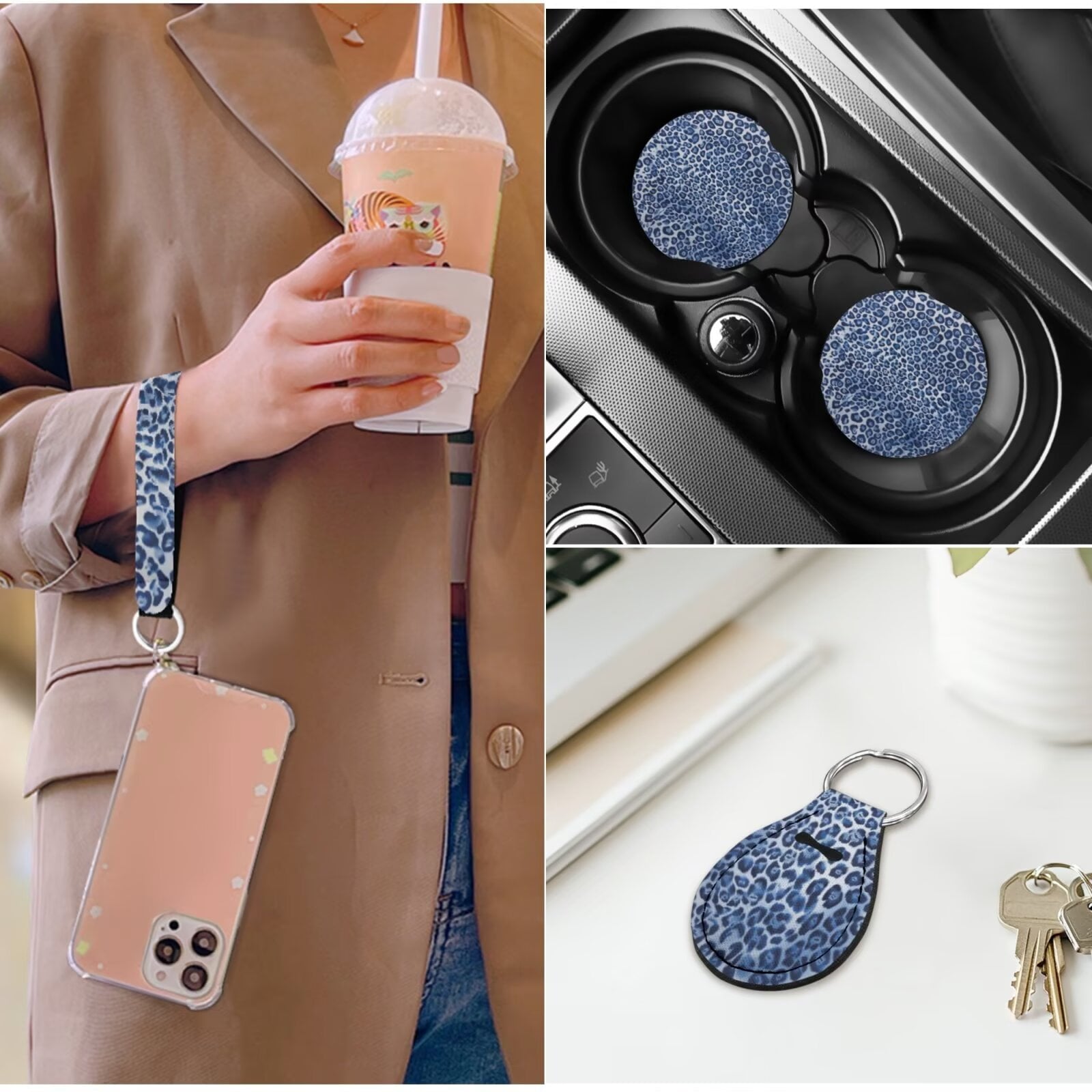 HUIACONG Blue Leopard Print Seat Covers for Cars for Women Full Set 14 Pcs Ca Seat Cover with Steering Wheel Cover Center Console Cover Seat Belt Covers Coasters Headrest Cover Keychain Universal Fit