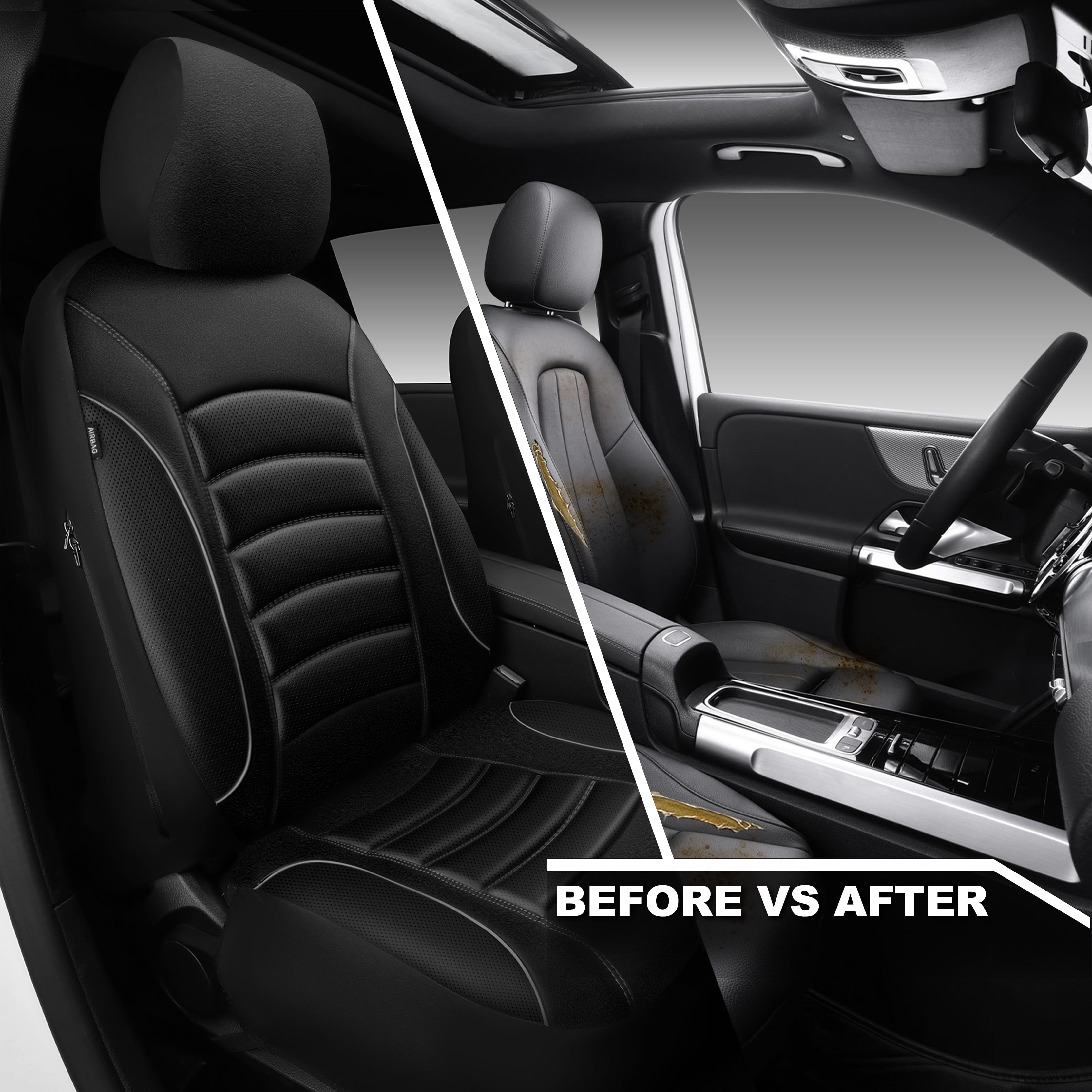 CAR GRAND Memory foam Leather seat covers Airy cool 3D Foam Water-resist Universal FIT leather car seat covers Front seat For Cars SUV Truck, Automotive seat protector Comfort faux Leather Black Gray