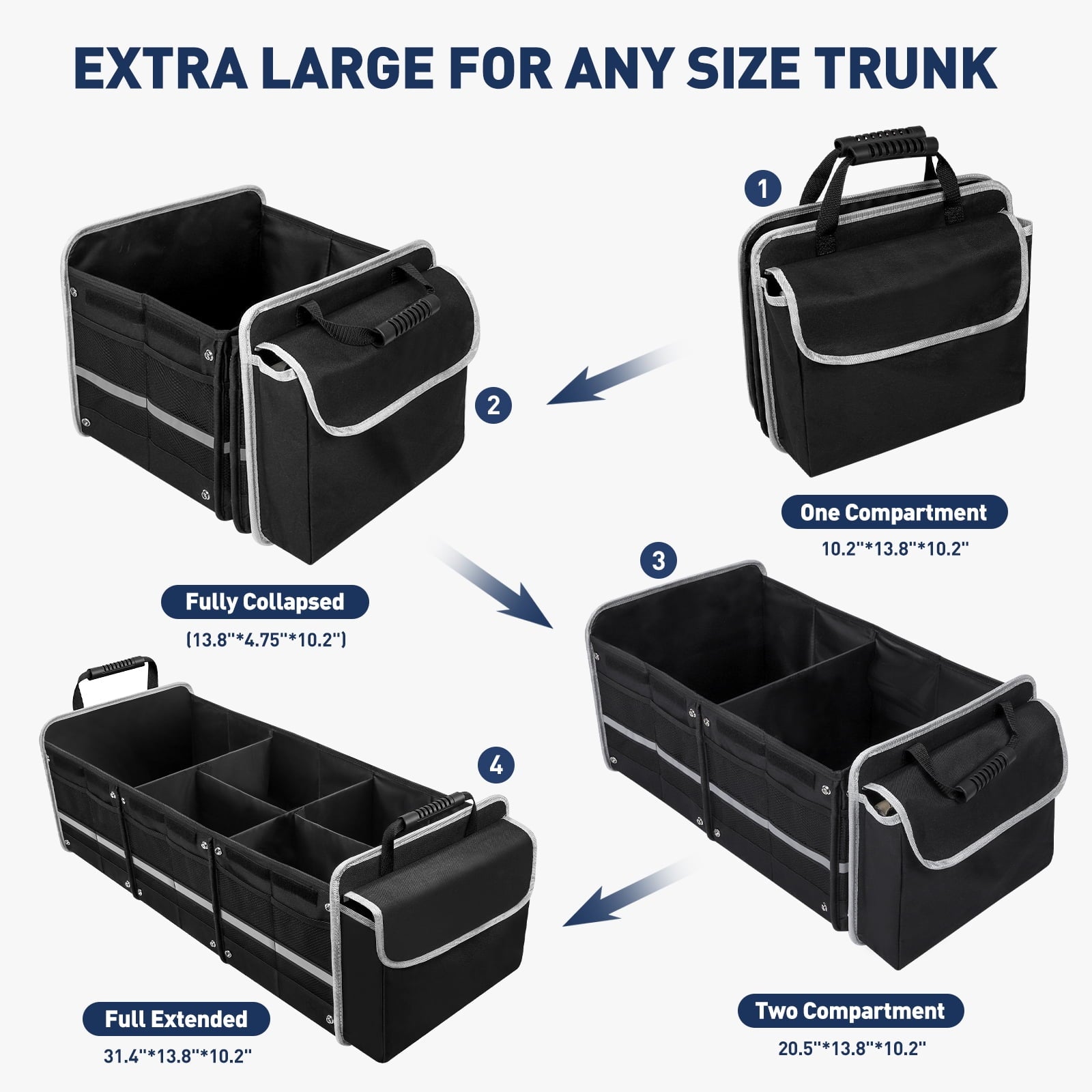 Cshidworld Car Trunk Storage Organizer, 4 in 1 Multi Compartment Collapsible Trunk Storage Box with Leakproof Insulated Cooler Bag for Car Truck SUV
