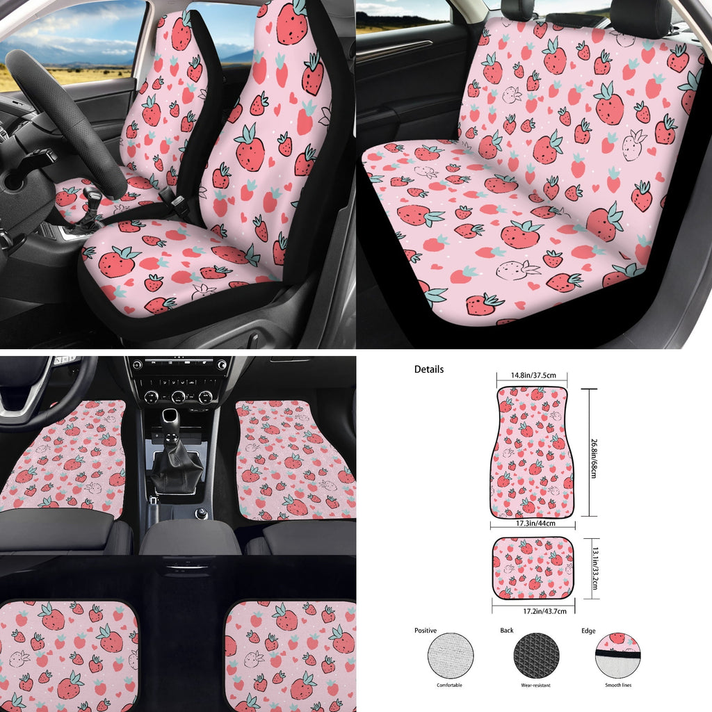 Jeiento Pink Strawberry Car Accessories Full Set for Women, Automotive Vehicle Seat Cover, Decorative Car Floor Mat Steering Wheel Cover Center Console Pad Universal Fit for SUV Van Truck Sedan