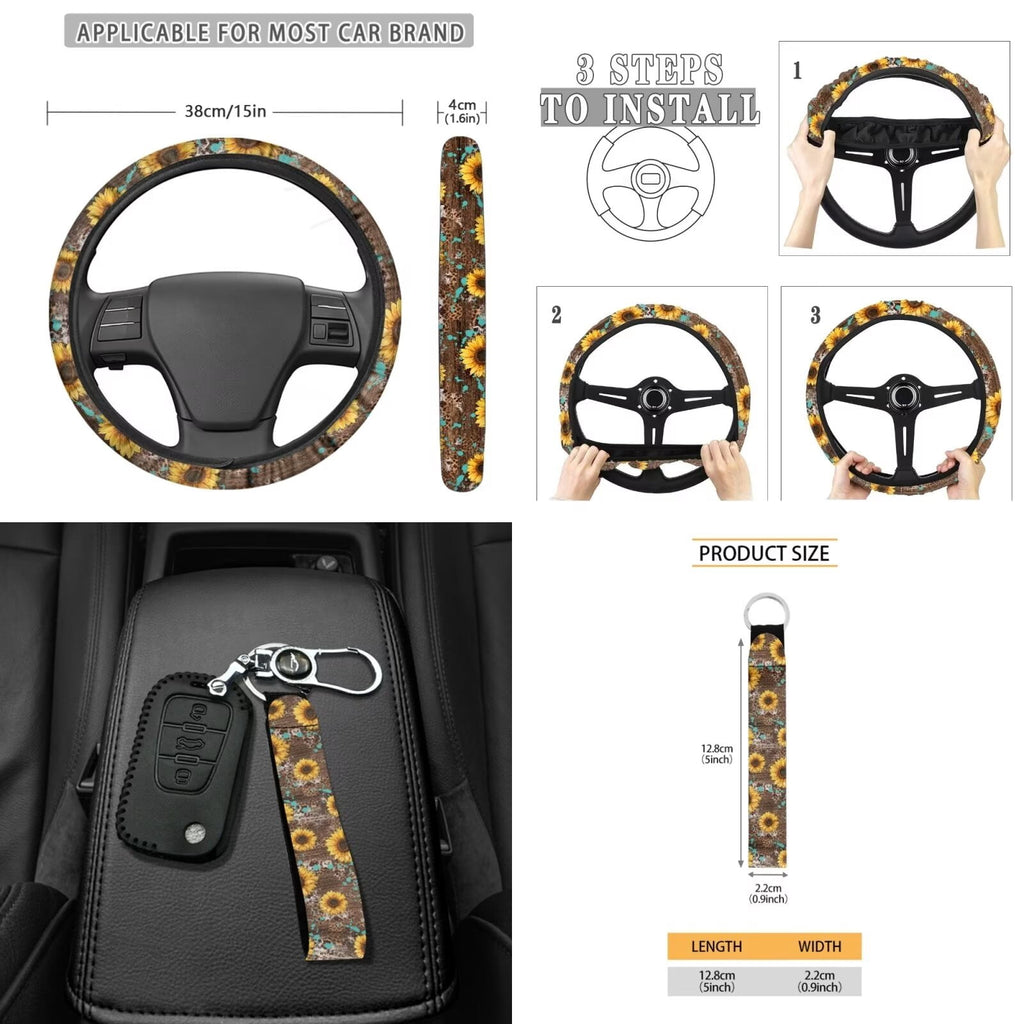 KUIFORTI Sunflower Car Seat Covers Full Set 15 Piece Car Seat Cover Steering Wheel Cover Seatbelt Covers Car Cup Coasters Car Trash Bag Air Vent Storage Bag Rear View Mirror Cover Keychain
