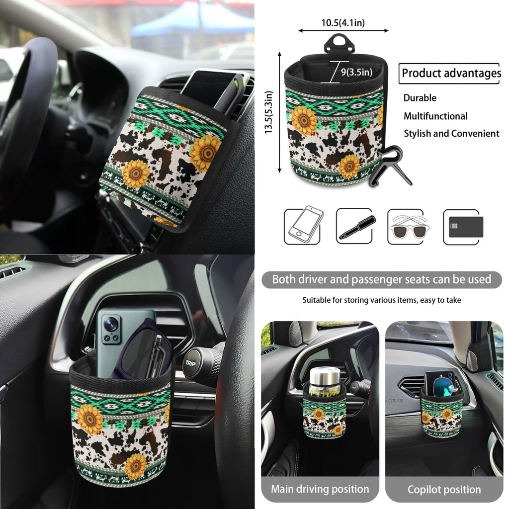 Xoenoiee American Sunflower Cow Print Car Seat Cover for Women Men, with Steering Wheel Cover Seat Belt Strap Pad Trash Bag Mount Phone Holder Rearview Mirror Accessory Cup Holder Key Chain, 15 PCS