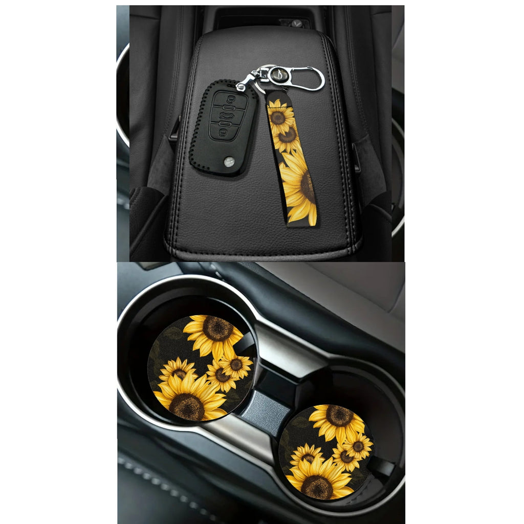 Jeiento Sunflower Car Seat Covers Set of 15 Steering Wheel Cover Seatbelt Cushion Pad Trash Bin Car Vent Organizer Pouch Rearview Mirror Cover Cup Holder Wristlet Keychain for SUV Van Sedan