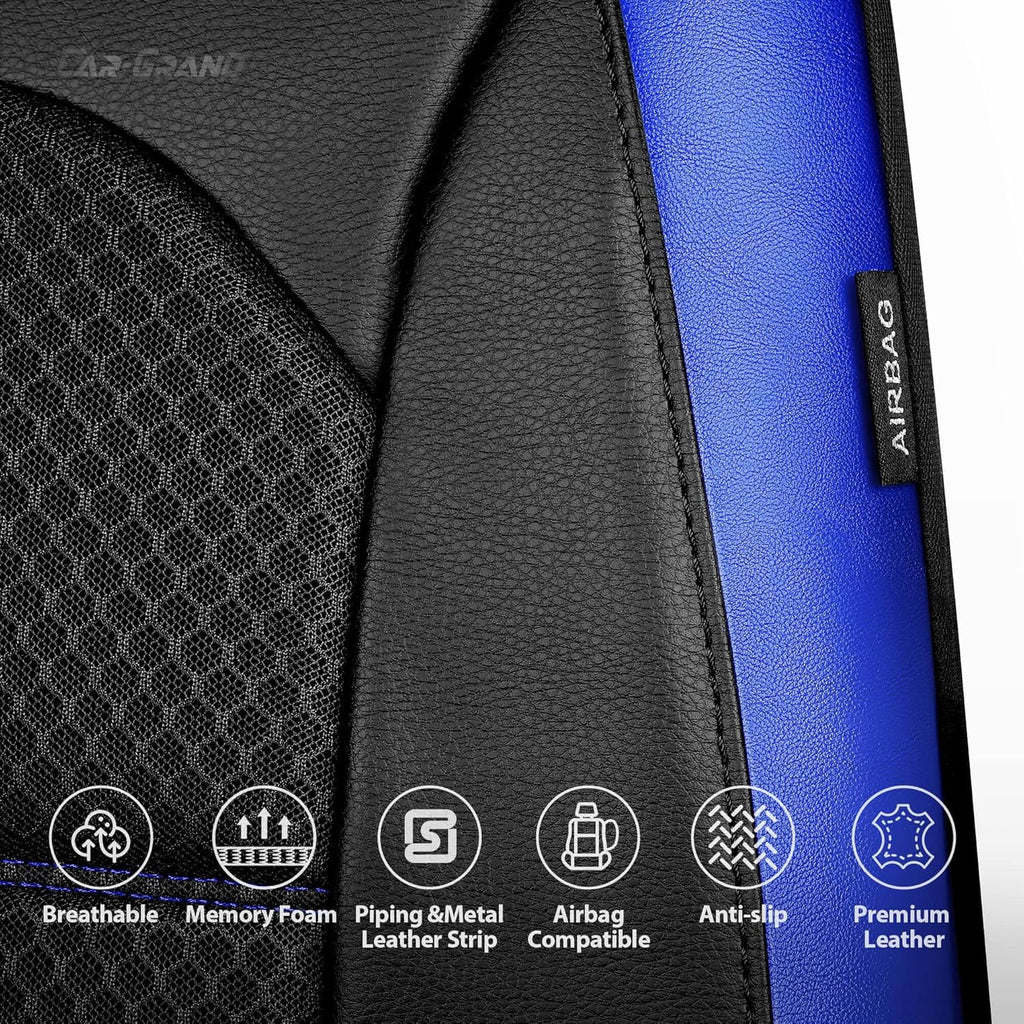 CAR GRAND Memory Foam Car Seat Covers, Leather Mesh Universal Fit Automotive Seat Protectors  Front Pair for Trucks SUV Sedan Metal Film Leather Armrest Airbag Compatible Comfortable  Black Blue