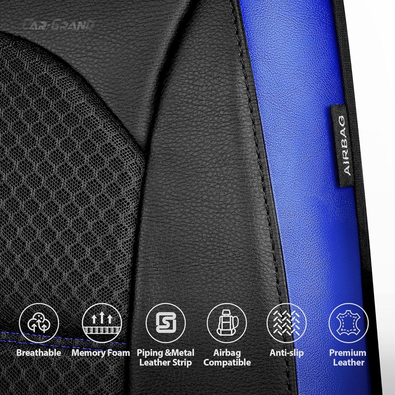 CAR GRAND Memory Foam Car Seat Covers, Leather Mesh Universal Fit Automotive Seat Protectors  Front Pair for Trucks SUV Sedan Metal Film Leather Armrest Airbag Compatible Comfortable  Black Blue