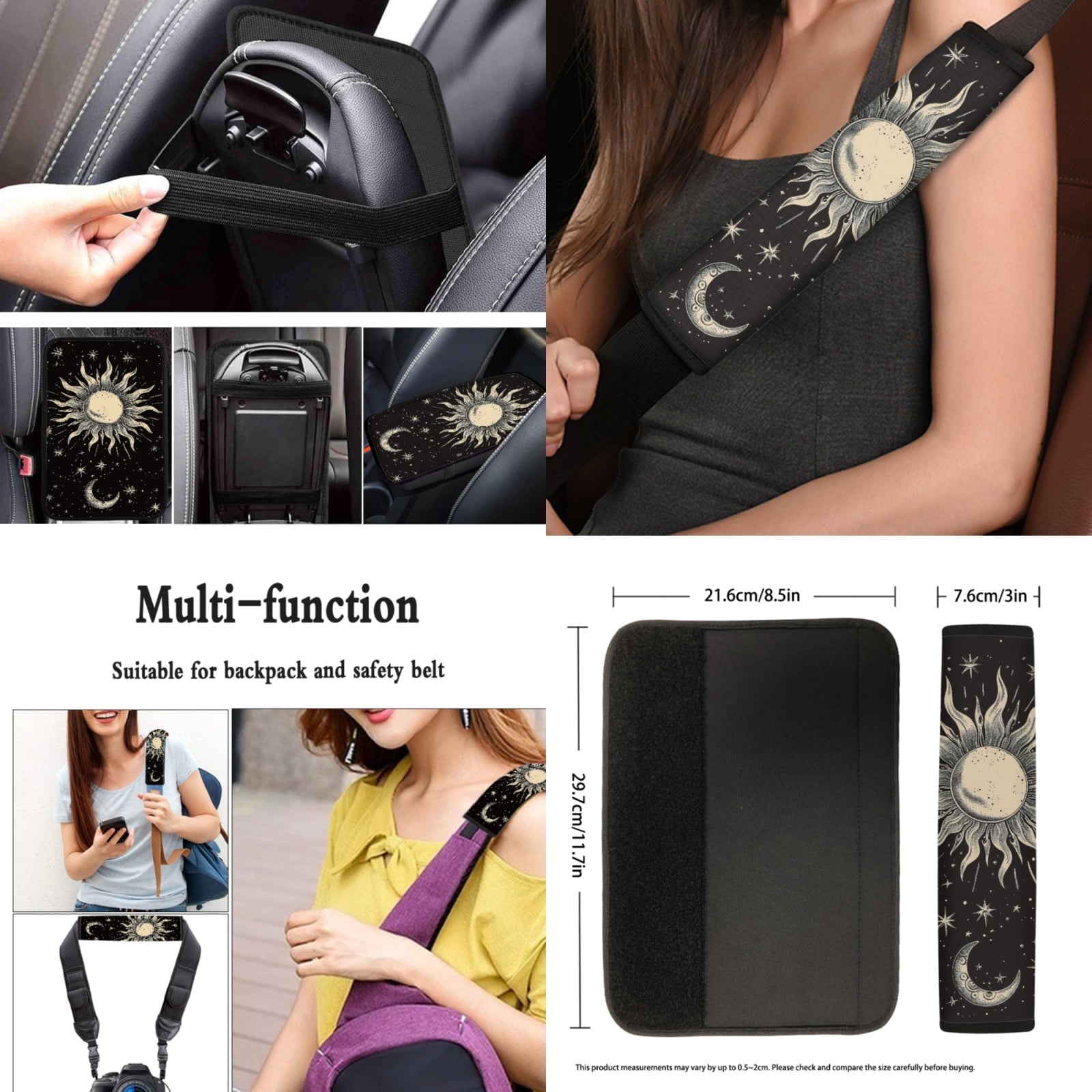 Yuyamidu Sun and Moon Car Seat Covers Full Set of 13 Black Steering Wheel Cover Safe Belt Pads Cup Holders Car Center Console Cover Lip Balm Holder Keychain Auto Interior Sets