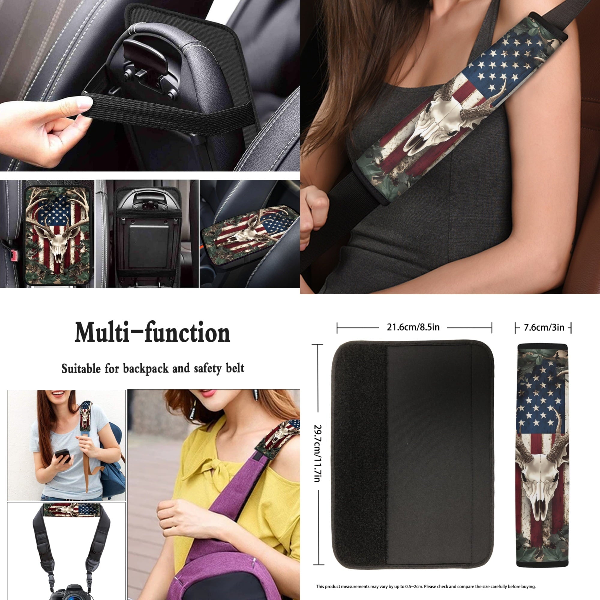 Jeiento Deer 13pcs Set Car Seat Cover Set with American Flag Steering Wheel Cover Seat Belt Strap Cover Armrest Cover Key Chain Coasters Lipstick Holder Universal Fits SUV Sedan Truck Van