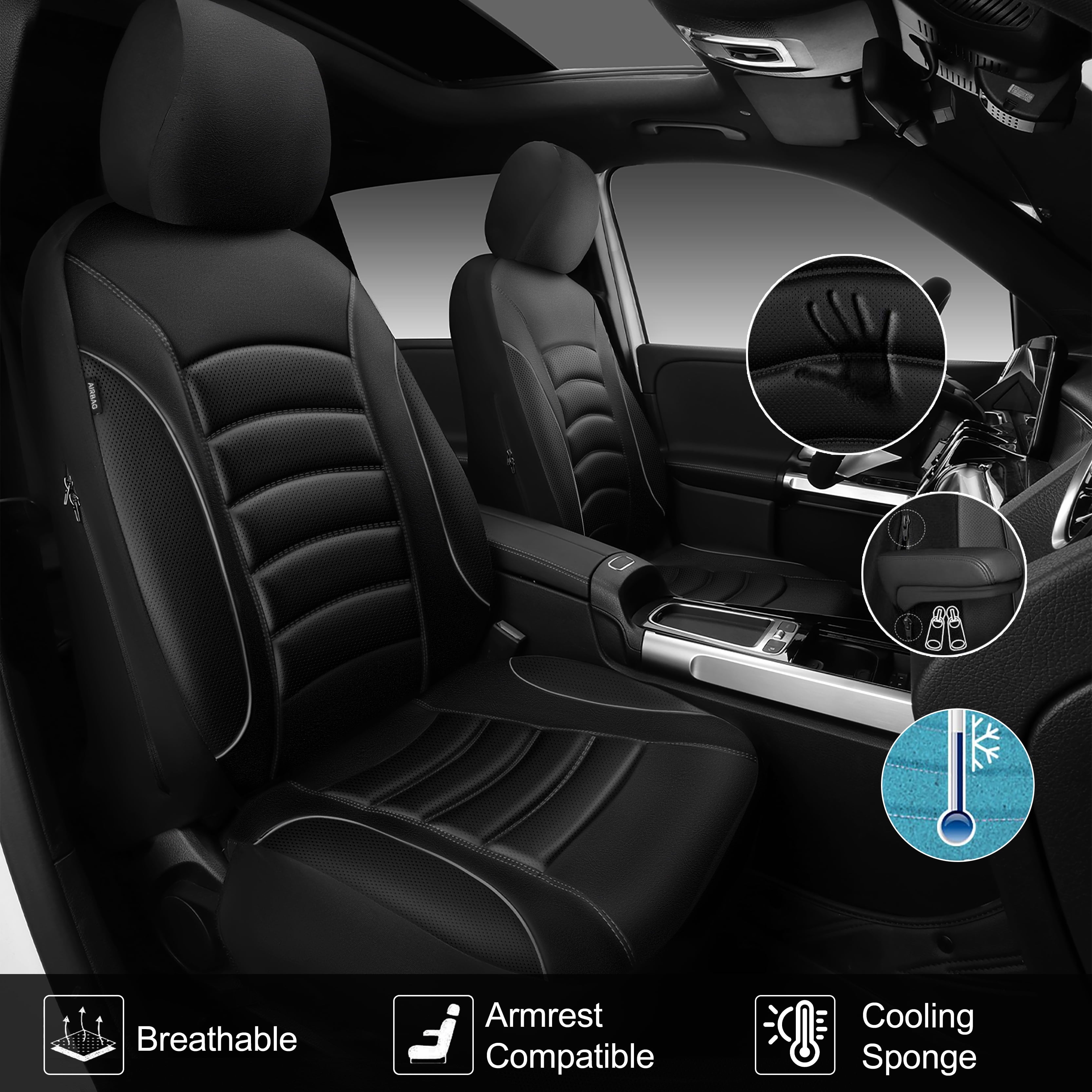 CAR GRAND Memory foam Leather seat covers Airy cool 3D Foam Water-resist Universal FIT leather car seat covers Front seat For Cars SUV Truck, Automotive seat protector Comfort faux Leather Black Gray
