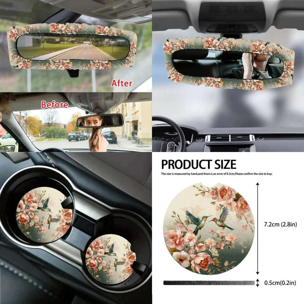 Jeiento Hummingbird 14 PCS Car Seat Cover Full Set Steering Wheel Cover Seat Belt Cover Trash Can Rear View Mirror Cover Flowers Coaster Center Console Cover Gear Shift Knob Cover Set Universal Fit