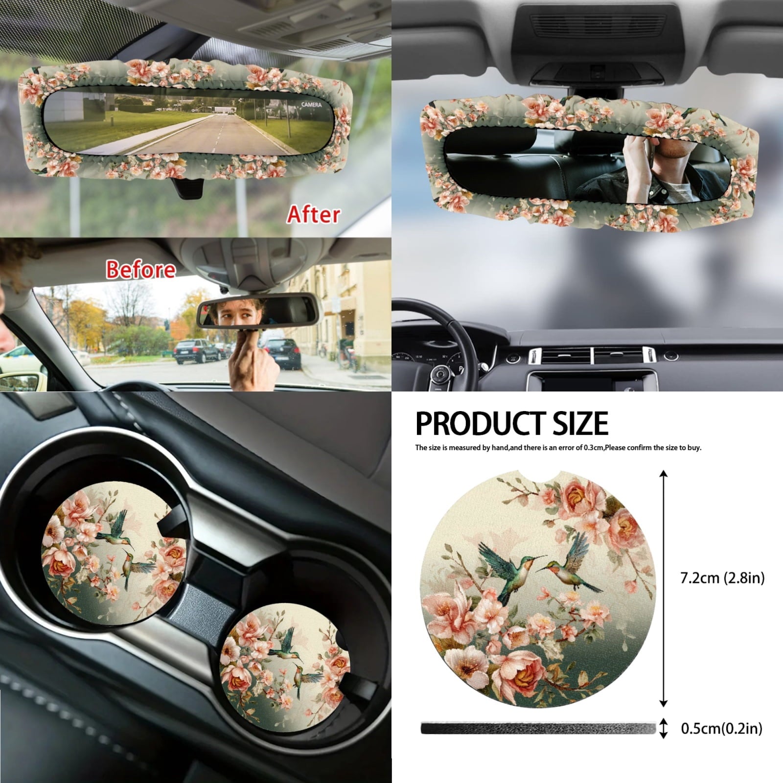 Jeiento Hummingbird 14 PCS Car Seat Cover Full Set Steering Wheel Cover Seat Belt Cover Trash Can Rear View Mirror Cover Flowers Coaster Center Console Cover Gear Shift Knob Cover Set Universal Fit