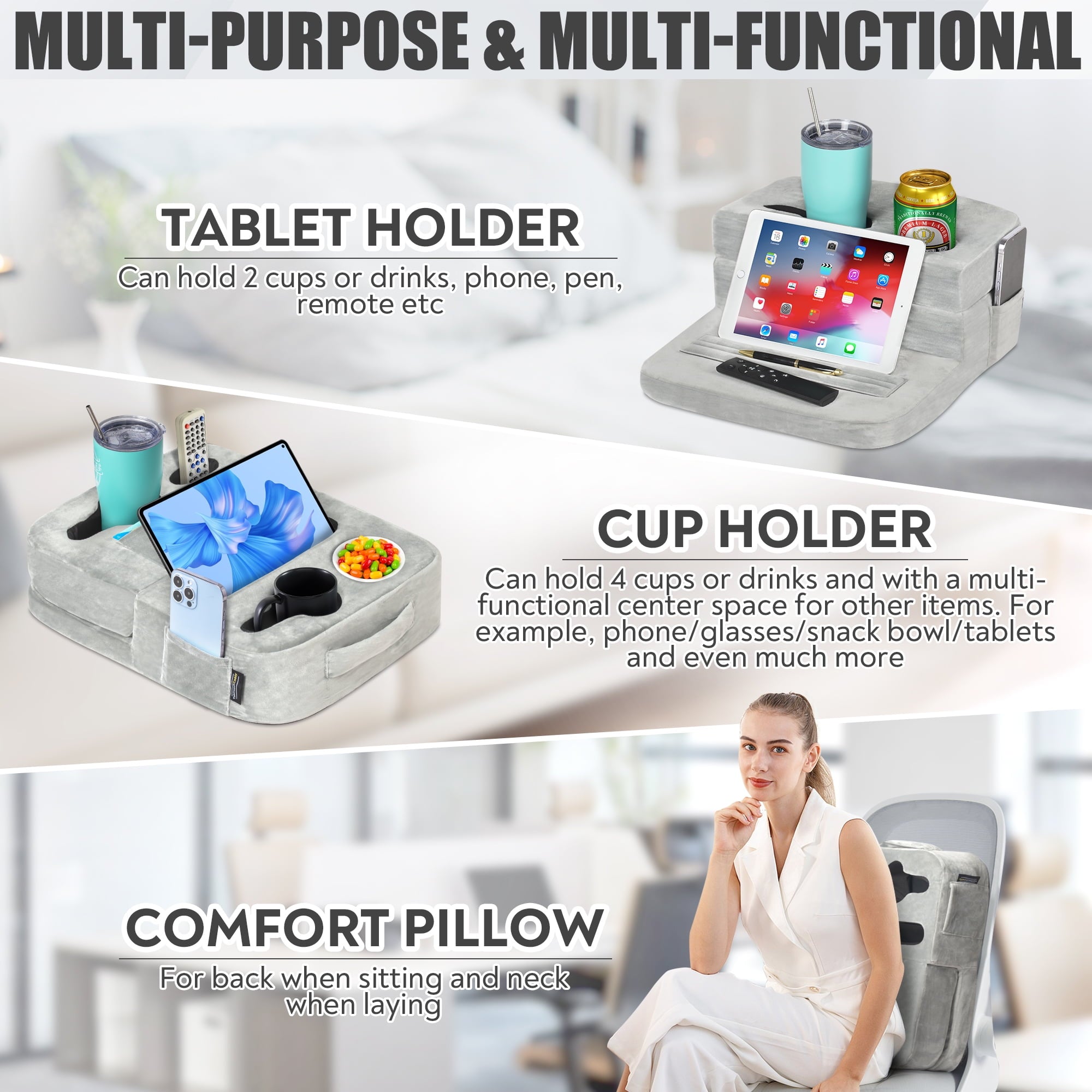 Couch Cup Holder Tray & Tablet Pillow Stand - Bed, Couch Caddy, Sofa - Holds Drinks, Snacks, Remotes, Phones, Tablet | Bed Cup Holder (Grey)