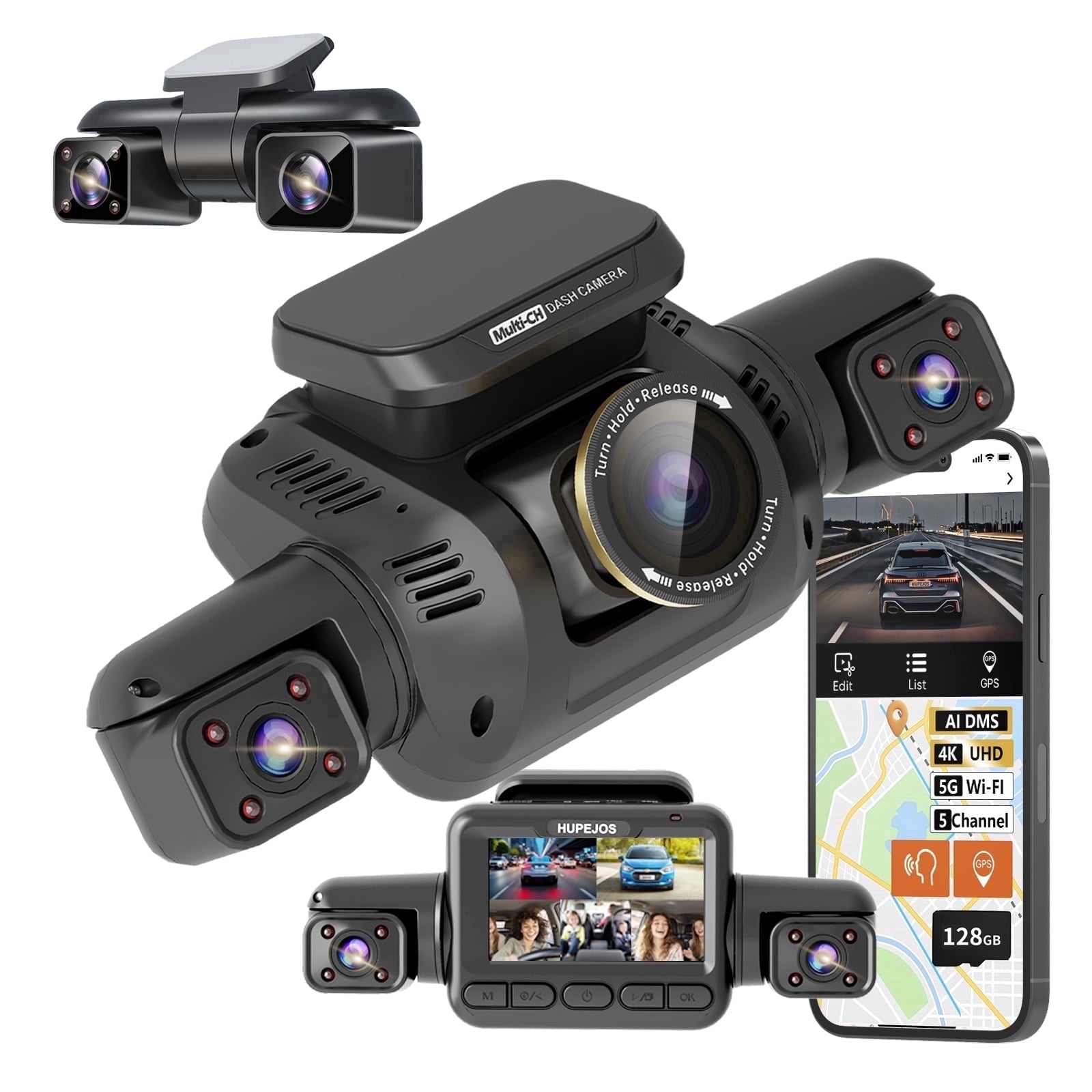HUPEJOS 5 Channel Dash Cam with Driver Monitor System DMS, 360° 4K Dash Camera for Cars, Built-in GPS WiFi HDR Night Vision, AI Dashcam Front and Rear Inside, 128GB Card Included,  Parking Monitor