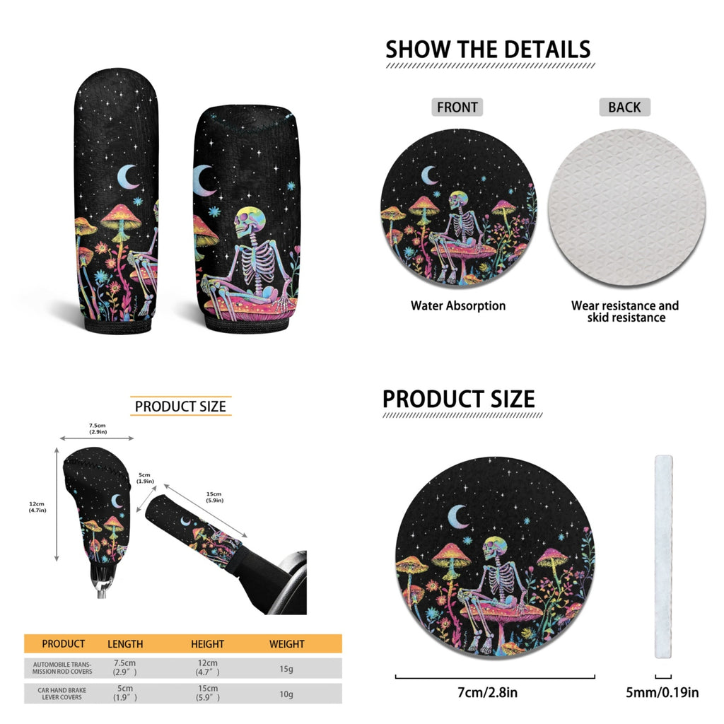 Yuyamidu Skull Car Seat Cover Full Set of 15 Red Mushroom Car Floor Mats Steering Wheel Cover Seat Belt Covers Cup Coasters Handbrake Cover Set