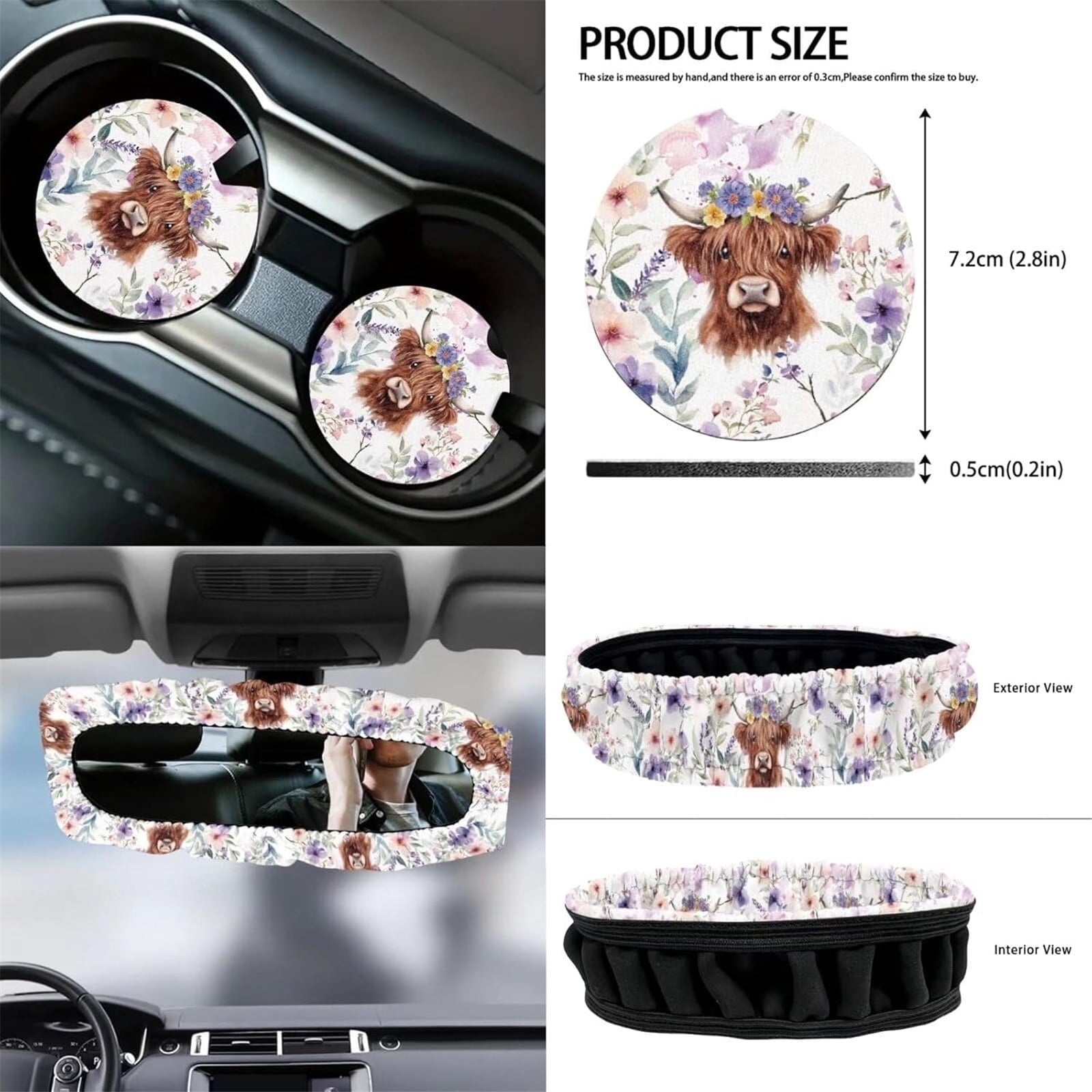 Yuyamidu 12 Pcs Highland Cow Car Front Seat Cover Set Purple Flower Steering Wheel Armrest Cover Seat Belt Pads Garbage Can Air Vent Pouch Rearview Mirror Cover Coasters Keychain Auto Accessories
