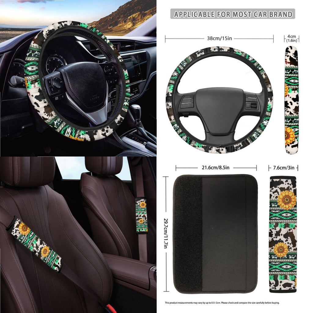 Xoenoiee American Sunflower Cow Print Car Seat Cover for Women Men, with Steering Wheel Cover Seat Belt Strap Pad Trash Bag Mount Phone Holder Rearview Mirror Accessory Cup Holder Key Chain, 15 PCS