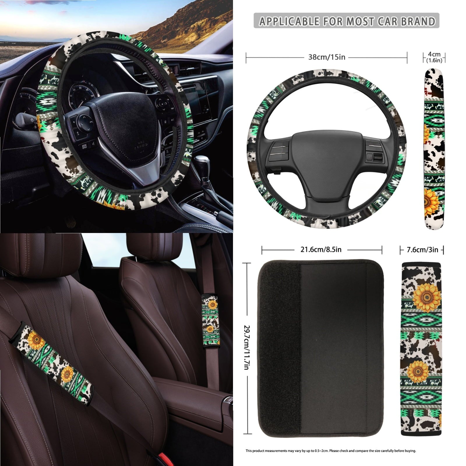Xoenoiee American Sunflower Cow Print Car Seat Cover for Women Men, with Steering Wheel Cover Seat Belt Strap Pad Trash Bag Mount Phone Holder Rearview Mirror Accessory Cup Holder Key Chain, 15 PCS