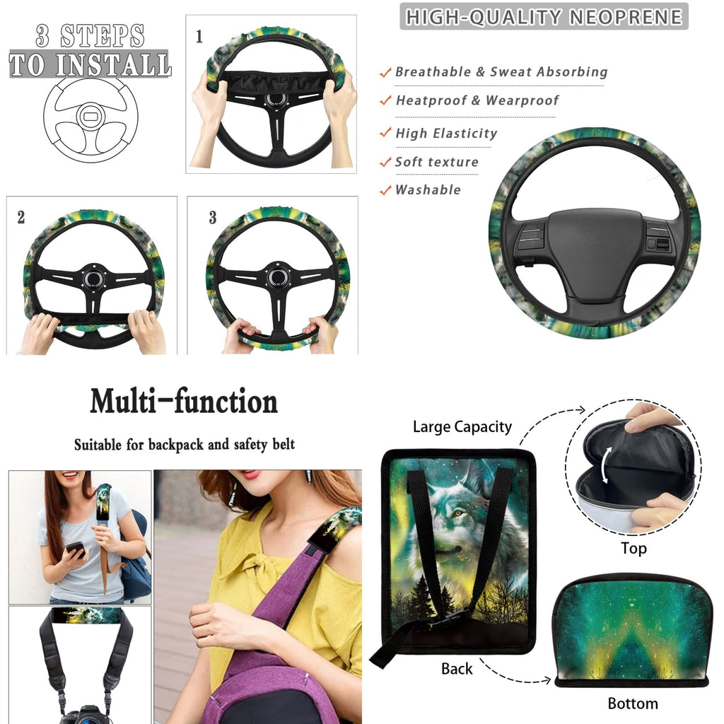 Yuyamidu Wolf Car Seat Covers Set of 15 Starry Sky Car Front Rear Seat Cover Steering Wheel Cover Seat Belt Covers Trash Box Air Vent Storage Bag Rear View Mirror Cover Car Cup Mat Key Chain
