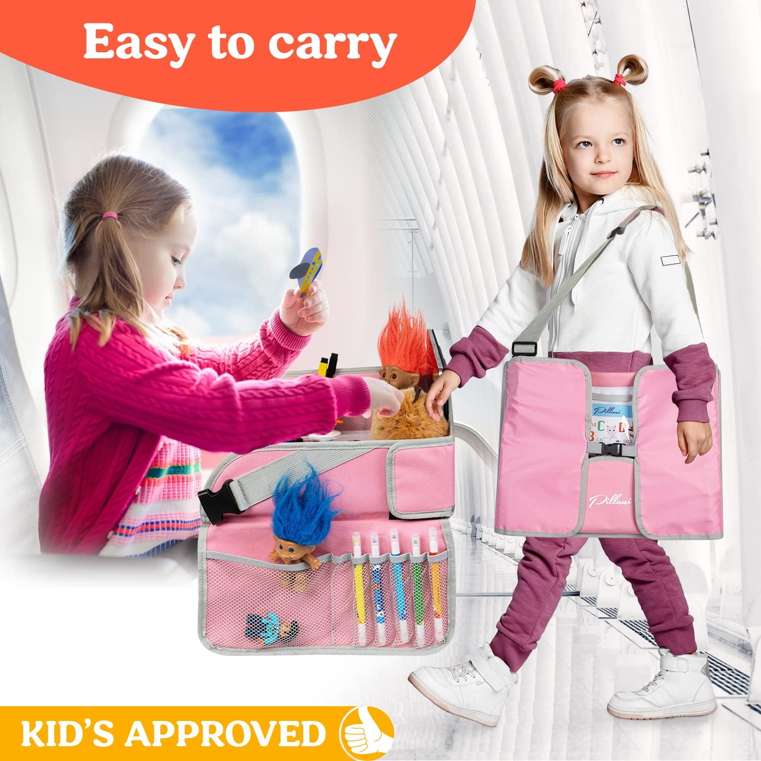 PILLANI Kids Travel Tray for Car - Car Seat Tray for Kids Travel, Road Trip Essentials, Carseat Table for Roadtrip Activities - Must Have Toddler Lap Desk Organizer for Airplane - Car Accessories