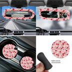 Yuyamidu 14 PCS Cherry Car Seat Covers Set with Steering Wheel Cover Daisy Seat Belt Covers Trash Bin Rear View Mirror Cover Pink Car Armrest Cover Cushion Coasters Gear Shift Knob Cover