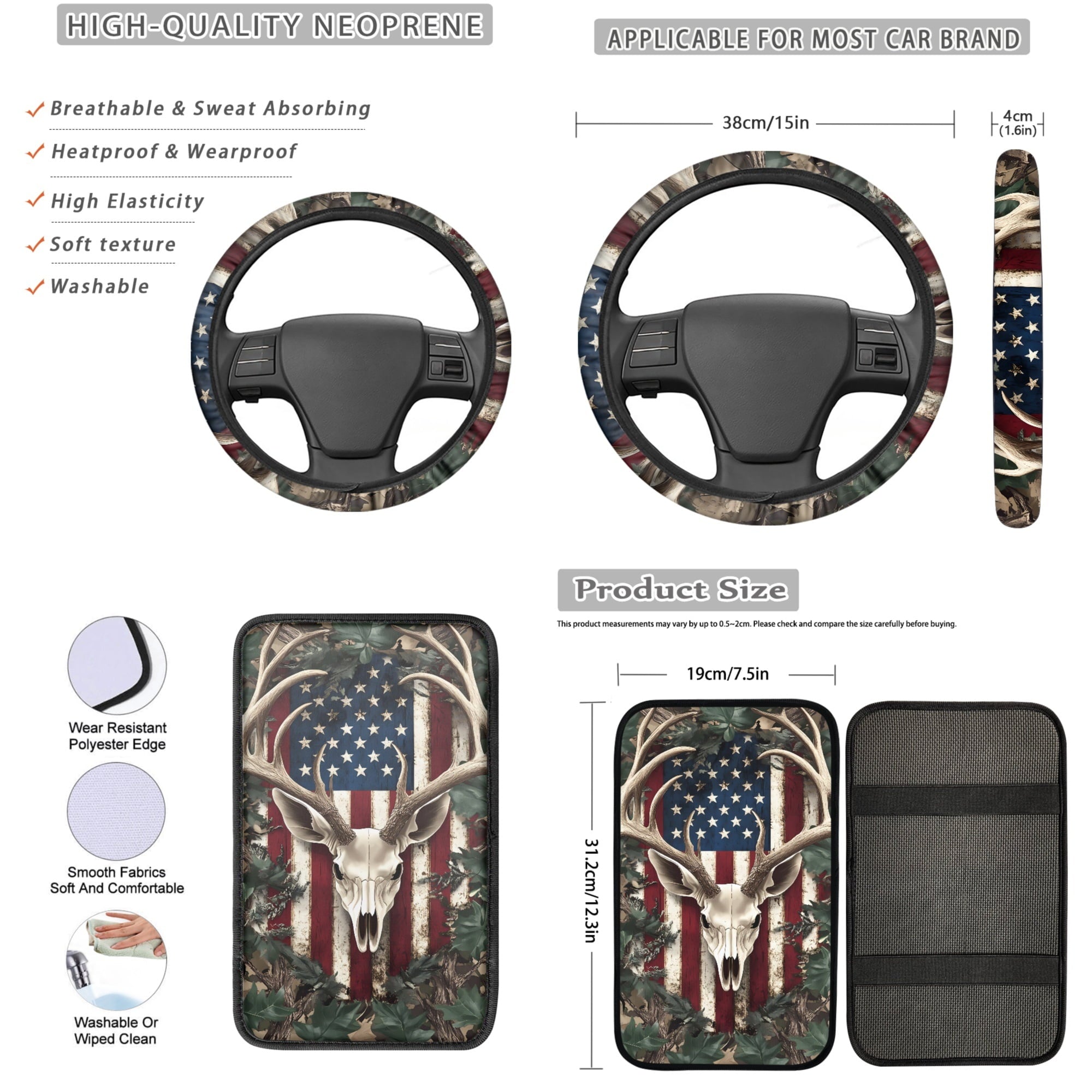 Jeiento Deer 13pcs Set Car Seat Cover Set with American Flag Steering Wheel Cover Seat Belt Strap Cover Armrest Cover Key Chain Coasters Lipstick Holder Universal Fits SUV Sedan Truck Van