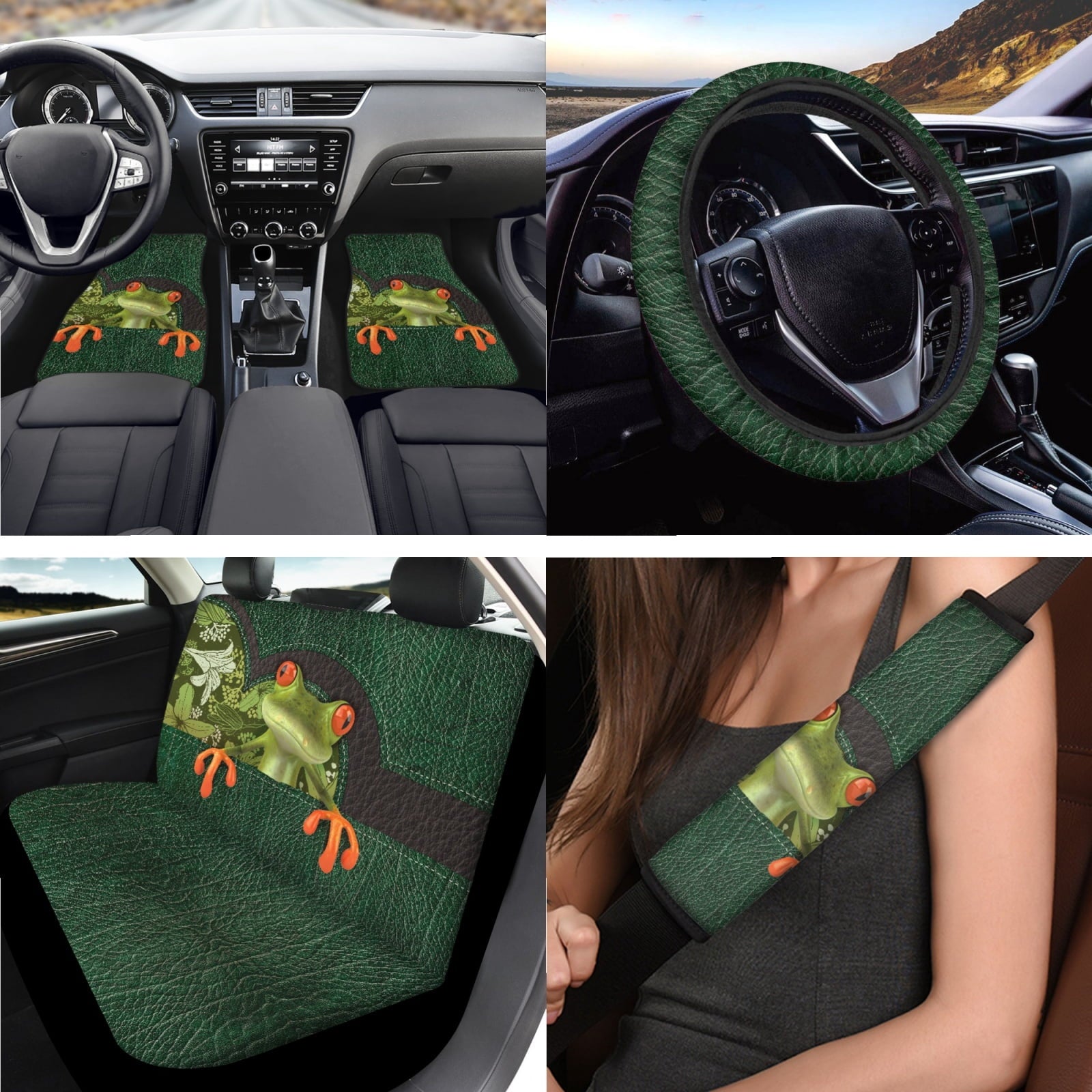 Jeiento Funny Frog Car Accessories Sets with Car Seat Cover Protector Car Floor Mats Auto Steering Wheel Cover Car Armrest Cover Seat Belt Pads Cup Coasters Keychains Lipstick Holder 17 Pack