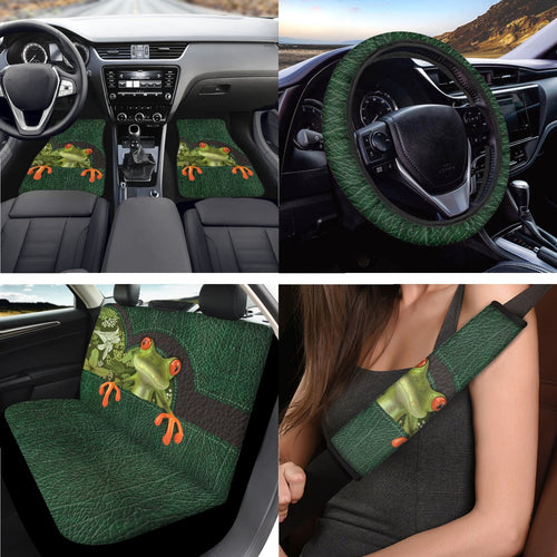 Jeiento Funny Frog Car Accessories Sets with Car Seat Cover Protector Car Floor Mats Auto Steering Wheel Cover Car Armrest Cover Seat Belt Pads Cup Coasters Keychains Lipstick Holder 17 Pack