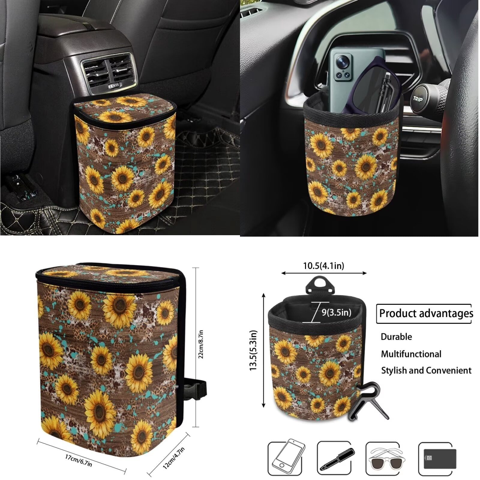 KUIFORTI Sunflower Car Seat Covers Full Set 15 Piece Car Seat Cover Steering Wheel Cover Seatbelt Covers Car Cup Coasters Car Trash Bag Air Vent Storage Bag Rear View Mirror Cover Keychain